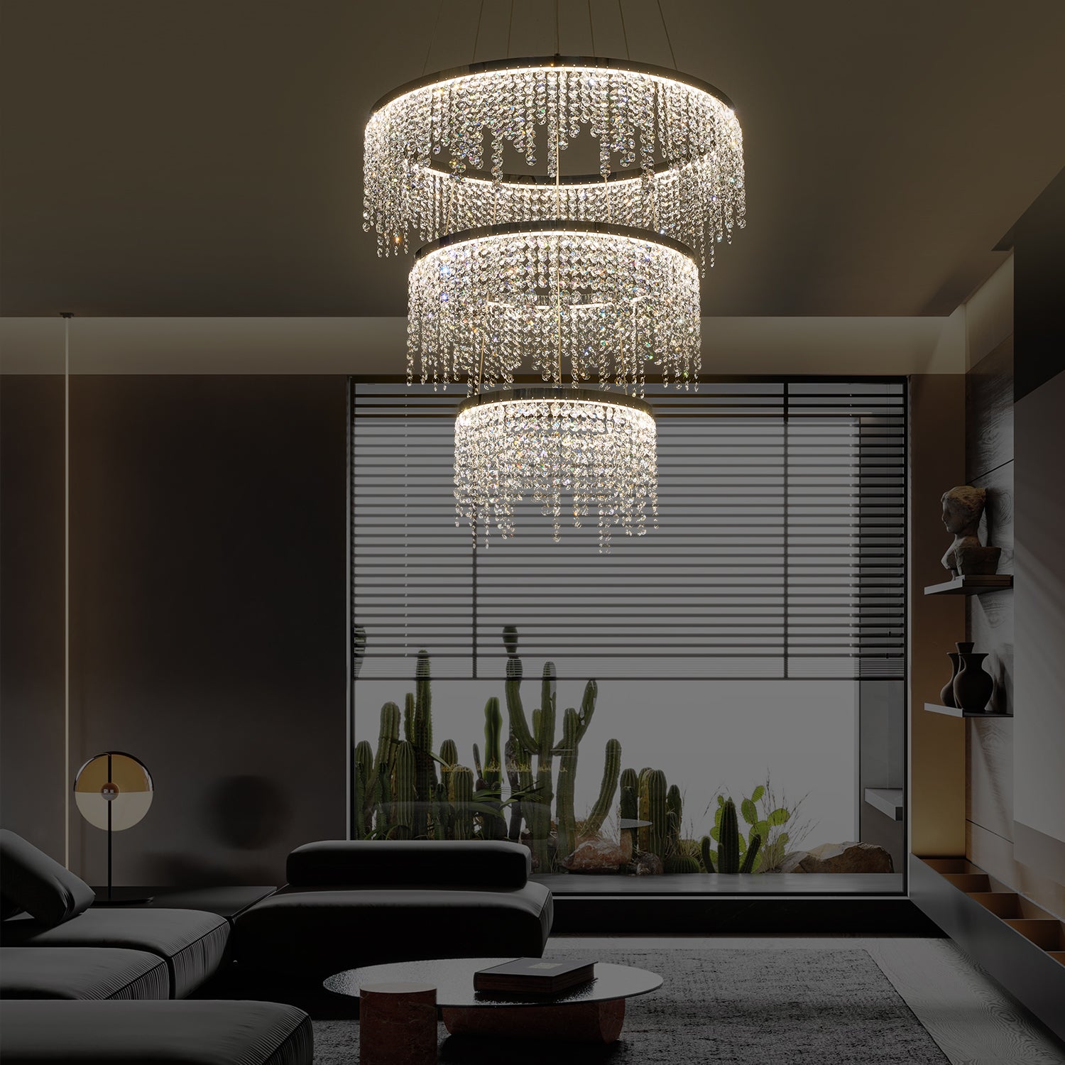 Luxury Modern Pendant Light 3 layers Fancy Hanging Crystal Chandelier In Chrome