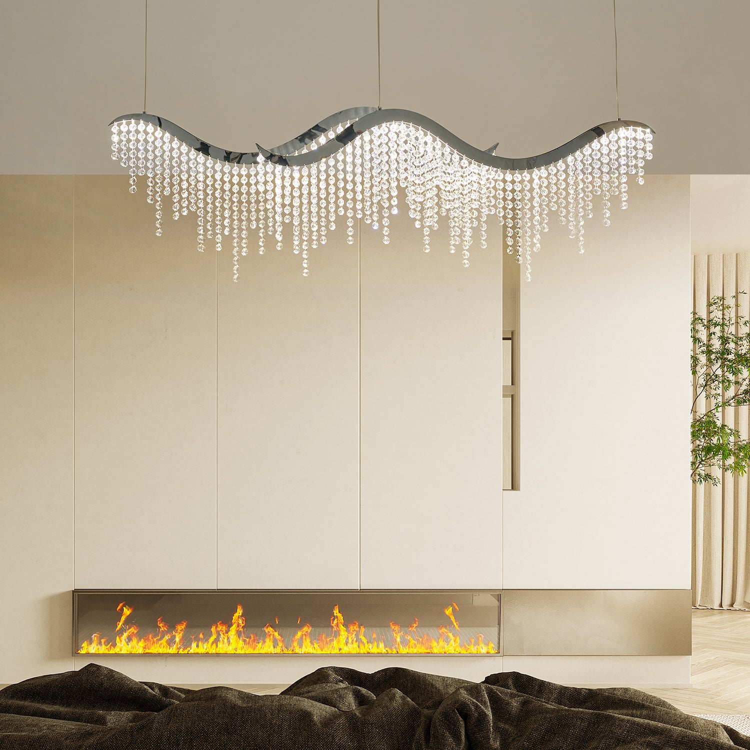 Minimalist Gold Wave LED Unique Geometric Chandelier In Chrome