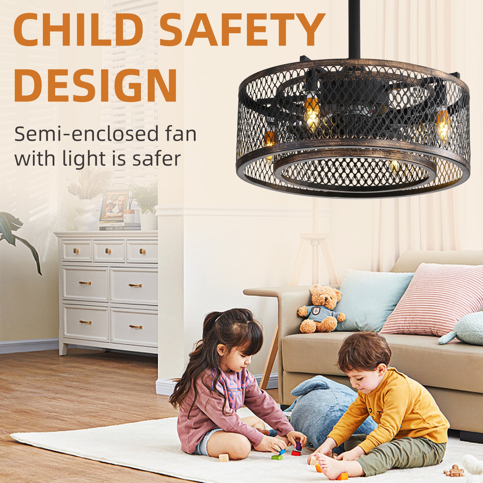 Modern 20'' Caged Ceiling Fan with Lights - Industrial Elegance