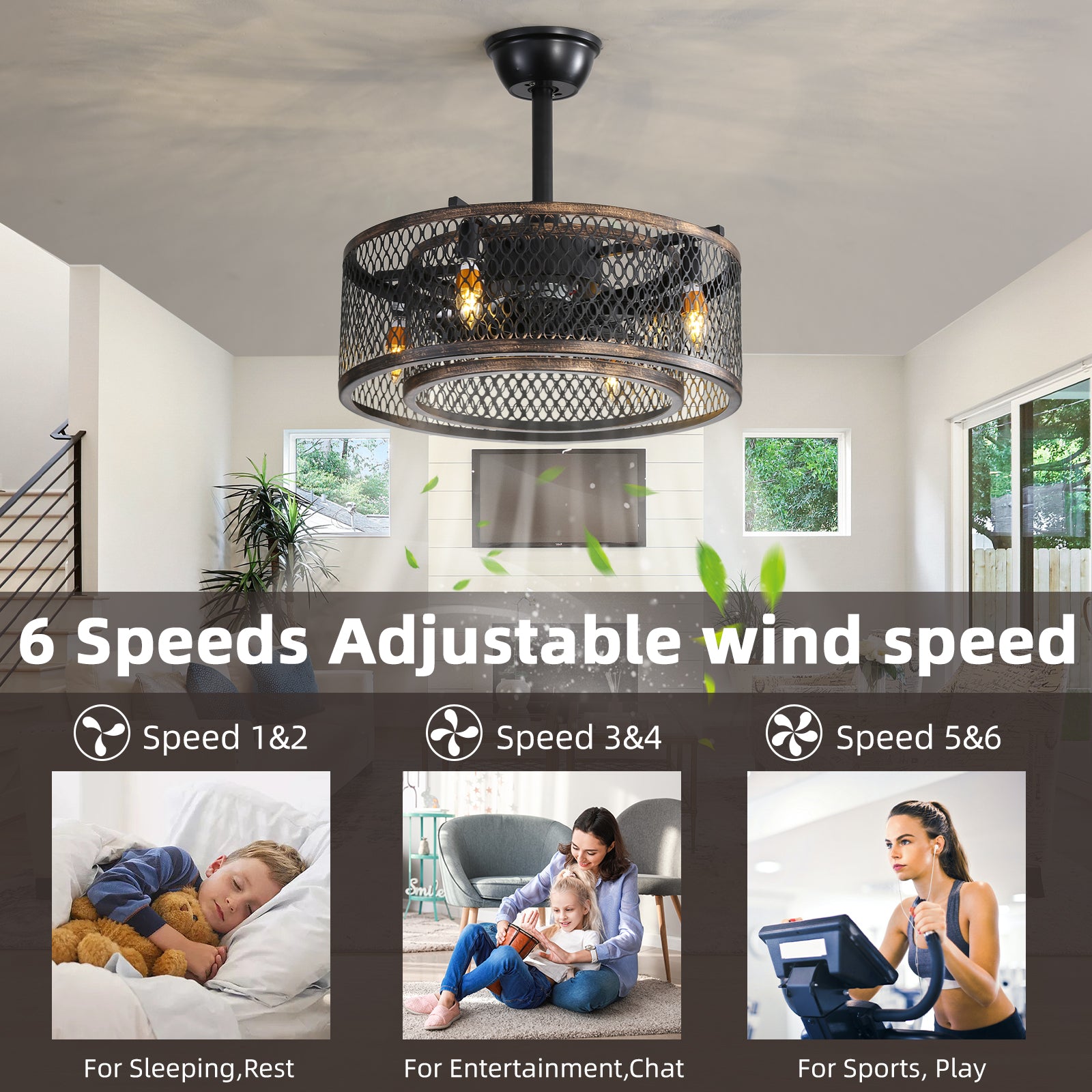 Modern 20'' Caged Ceiling Fan with Lights - Industrial Elegance