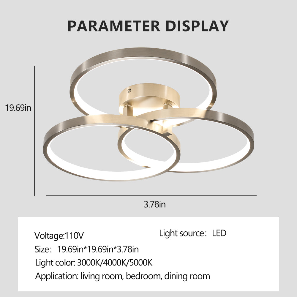 Modern LED Three ring design contemporary semi-flush mount with inner ring illumination Ceiling Light in Chrome