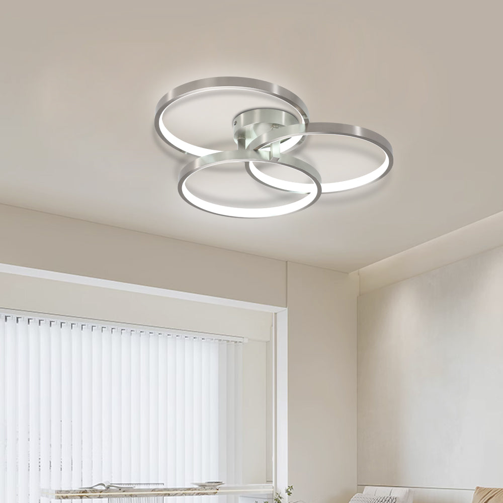 Modern LED Three ring design contemporary semi-flush mount with inner ring illumination Ceiling Light in Chrome