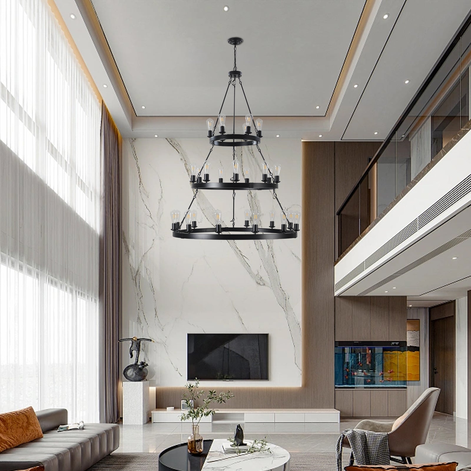 Striaged Modern 27-Light Metal Ring Chandelier In Matte Black