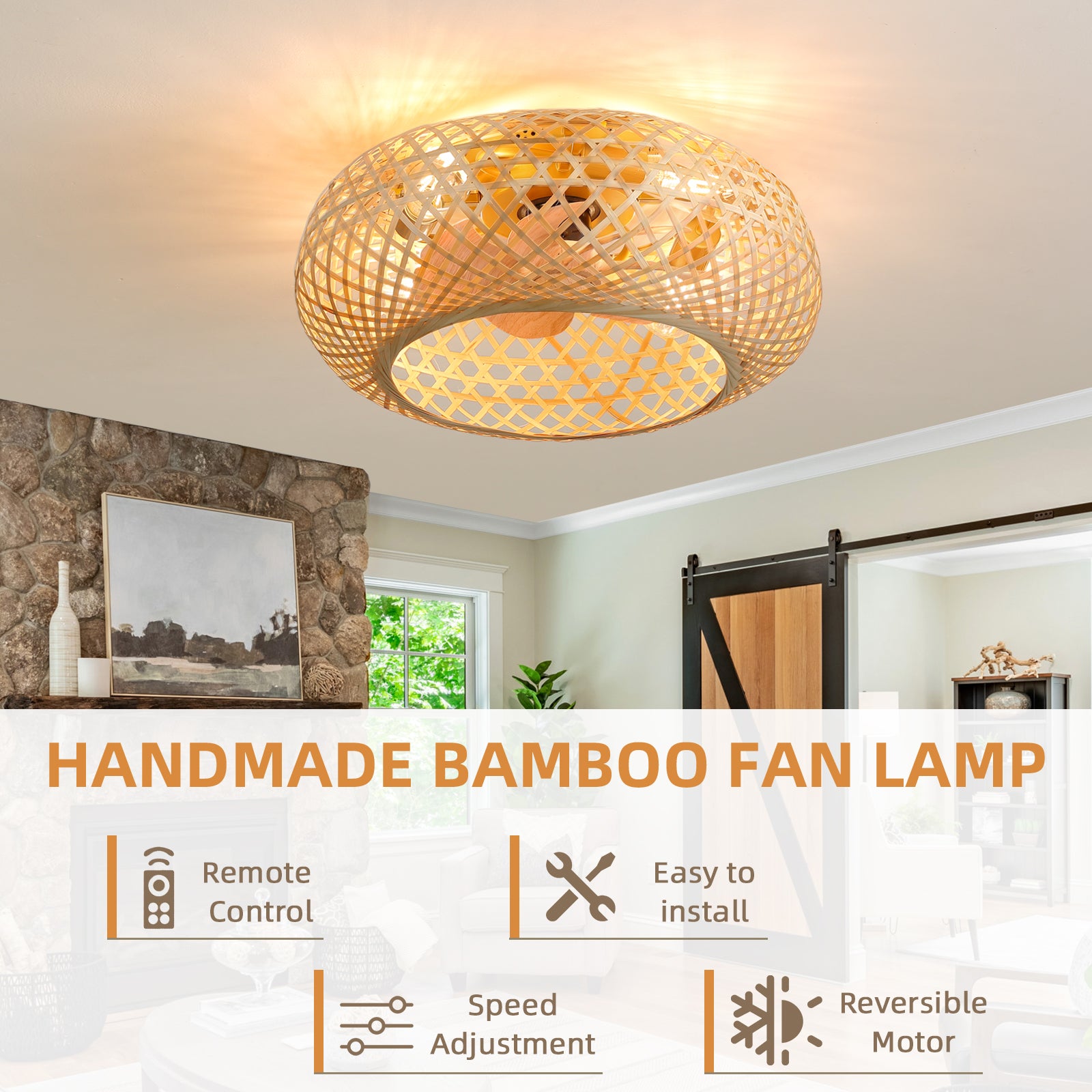 20'' Rustic Style Bamboo Woven Ceiling Fan with Lights - Natural Elegance for Cozy Living Spaces