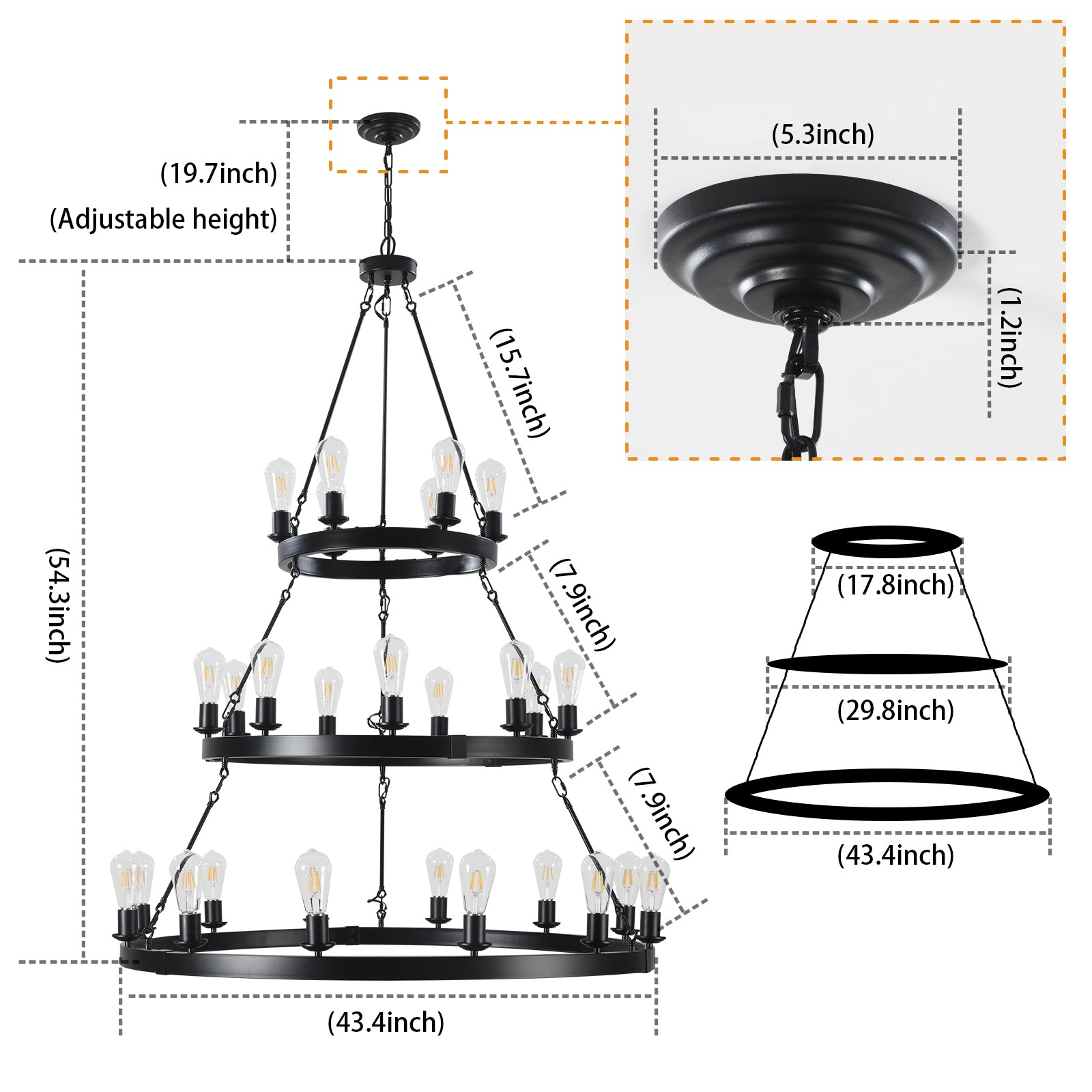 Striaged Modern 27-Light Metal Ring Chandelier In Matte Black