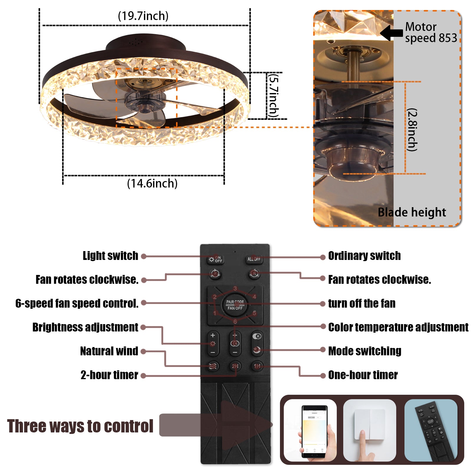 5-Speed Reversible Blades 22" LED Ceiling Fans Light  in Brown