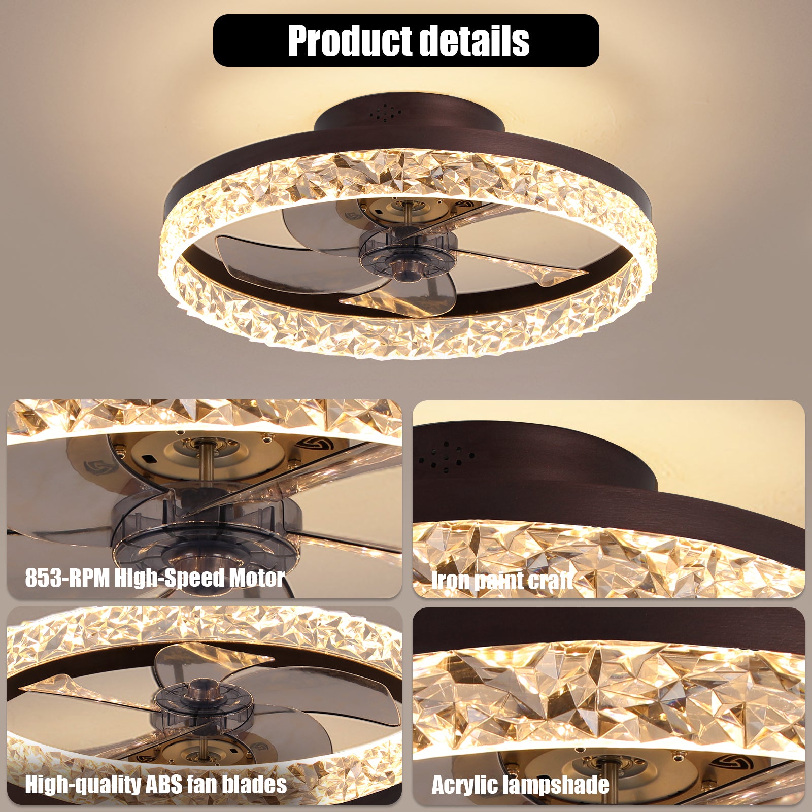 5-Speed Reversible Blades 22" LED Ceiling Fans Light  in Brown