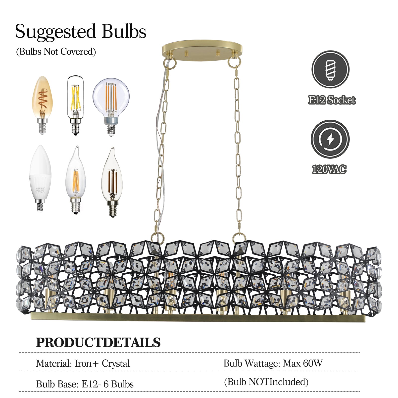 Modern  6-Light Ceiling chandelier Luxury Home Decor Light Sandy Gold&Black K9 Crystal