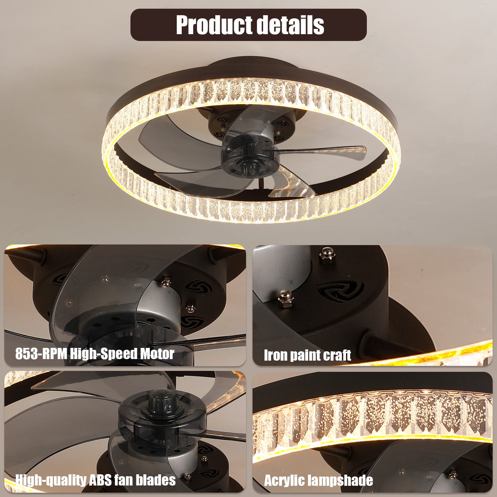 Modern 20" LED Ceiling Fans Light With 5-Blades Reversible Blades in Brown