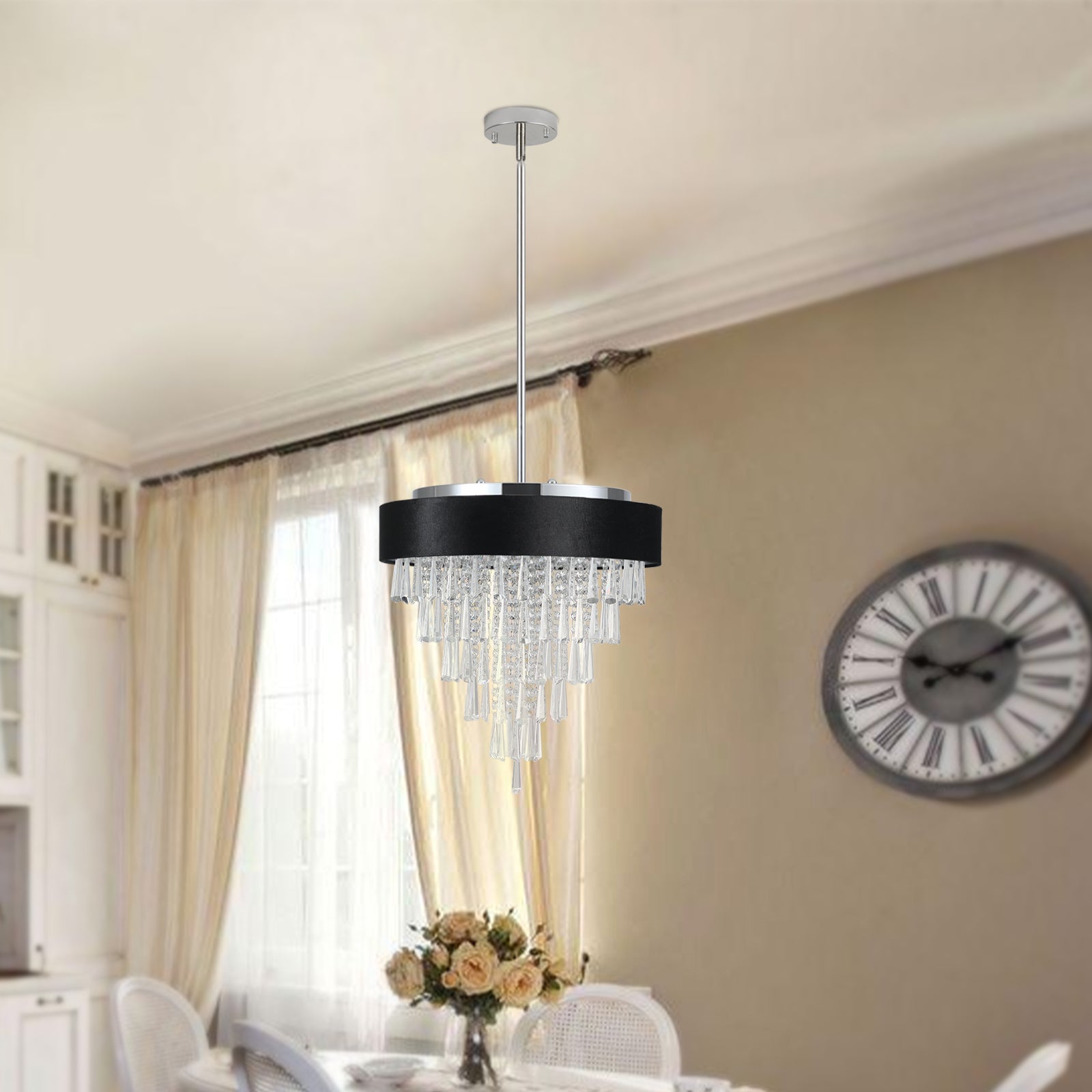 45'' Modern 5-Light 6 Tiers Design Crystal Chandelier with Elegant Chrome&Black K9 Crystal