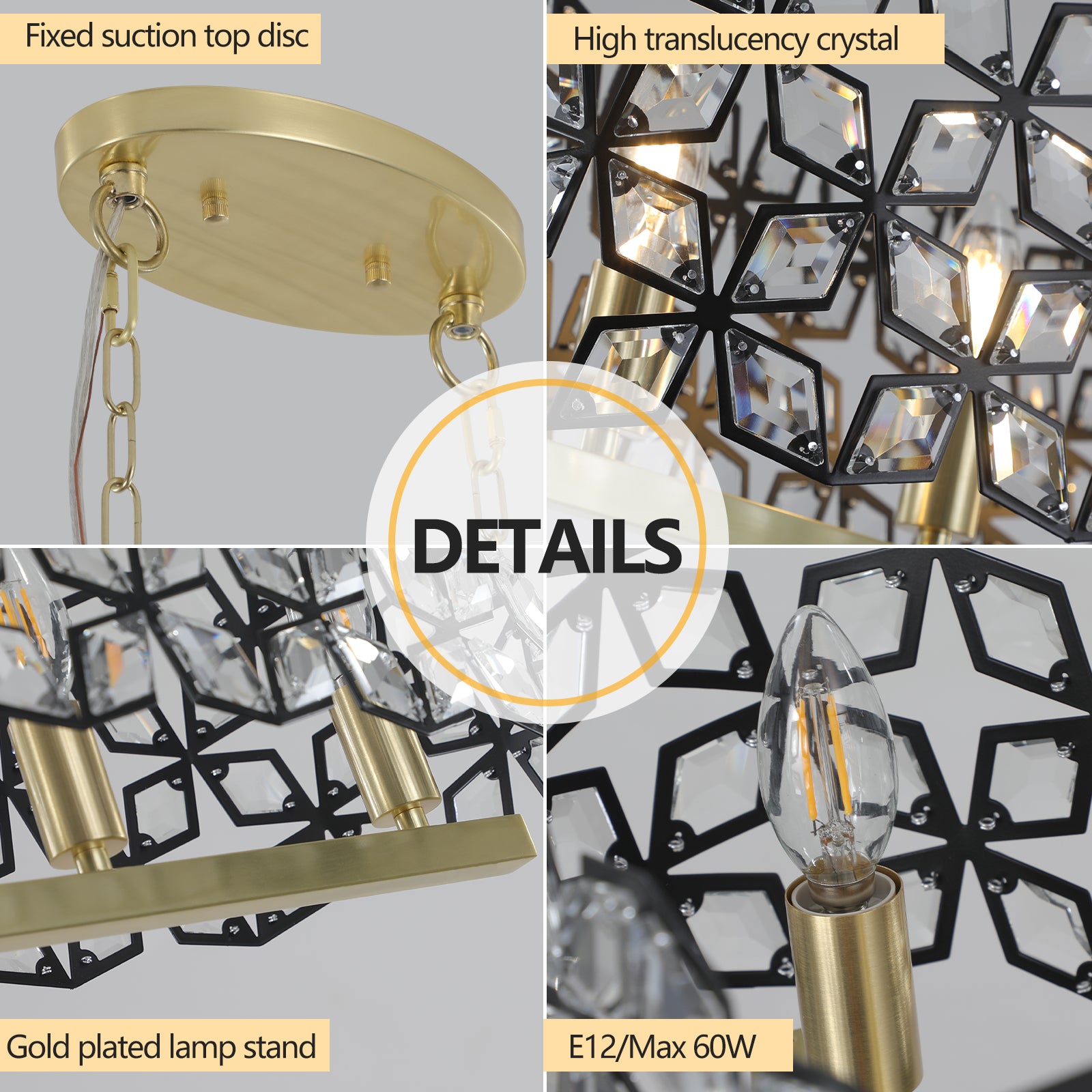 Modern  6-Light Ceiling chandelier Luxury Home Decor Light Sandy Gold&Black K9 Crystal