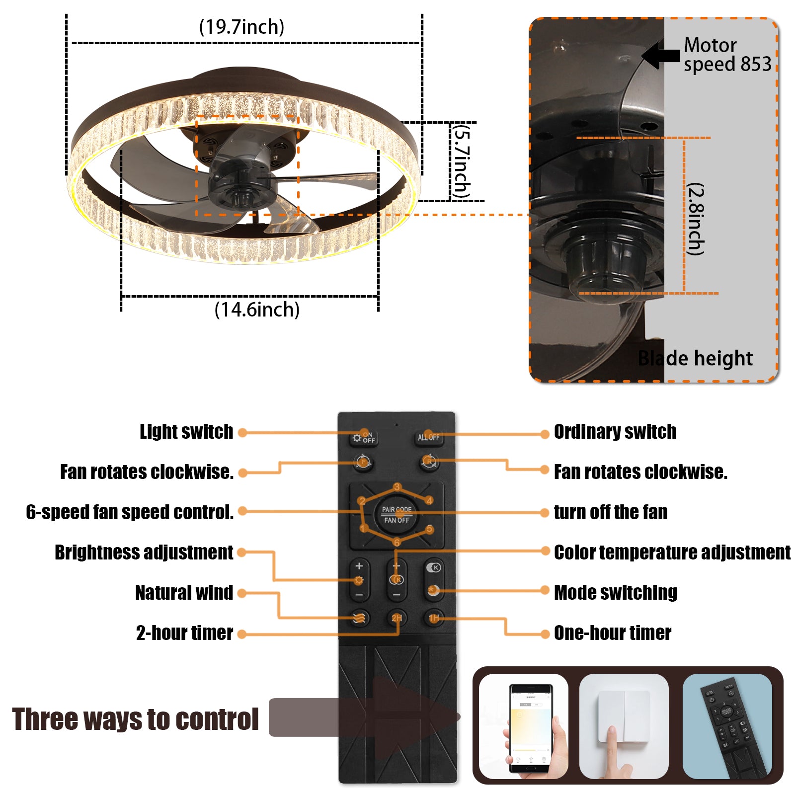 Modern 20" LED Ceiling Fans Light With 5-Blades Reversible Blades in Brown