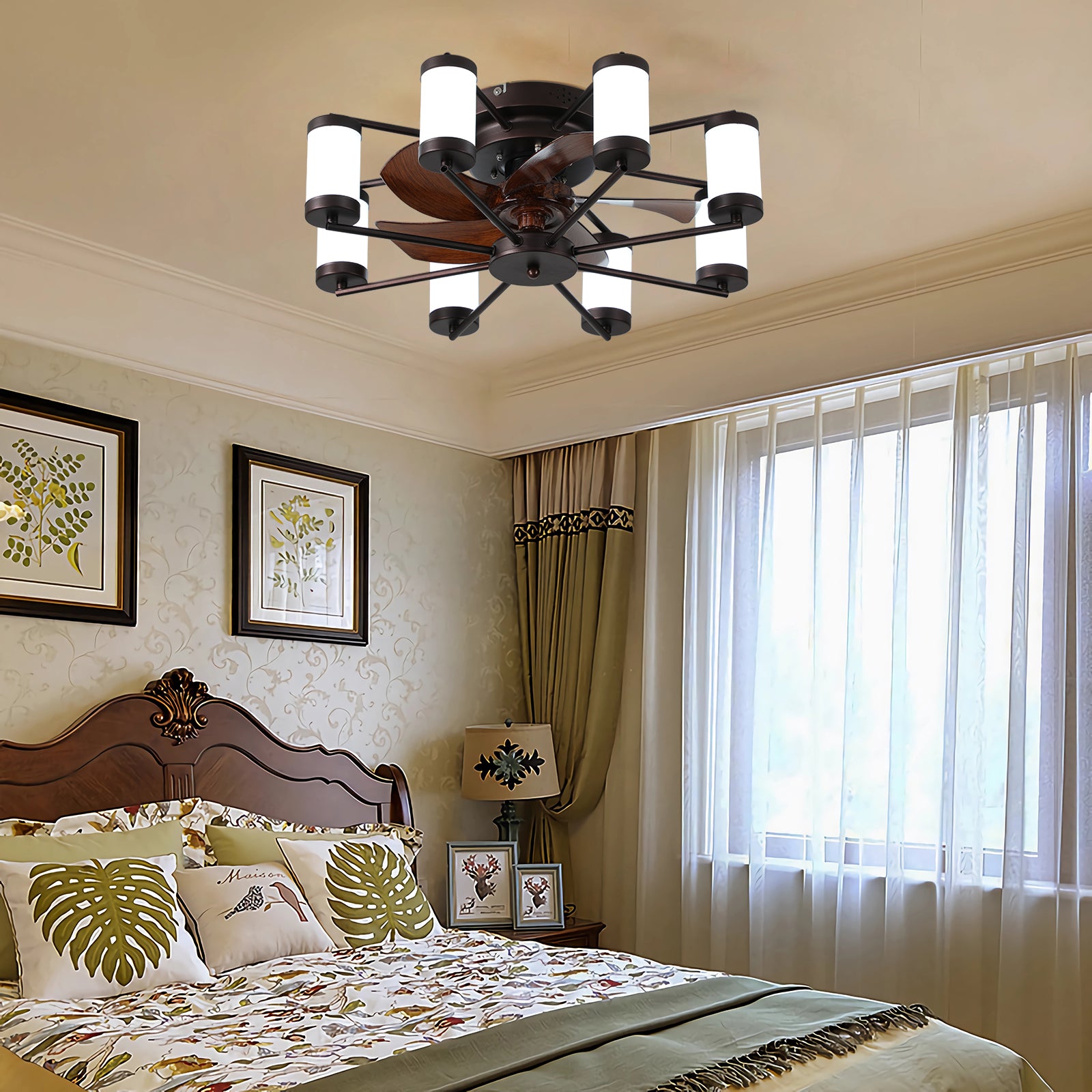 Modern 22" LED Ceiling Fans Light With 5-Blades Reversible Blades in Brown