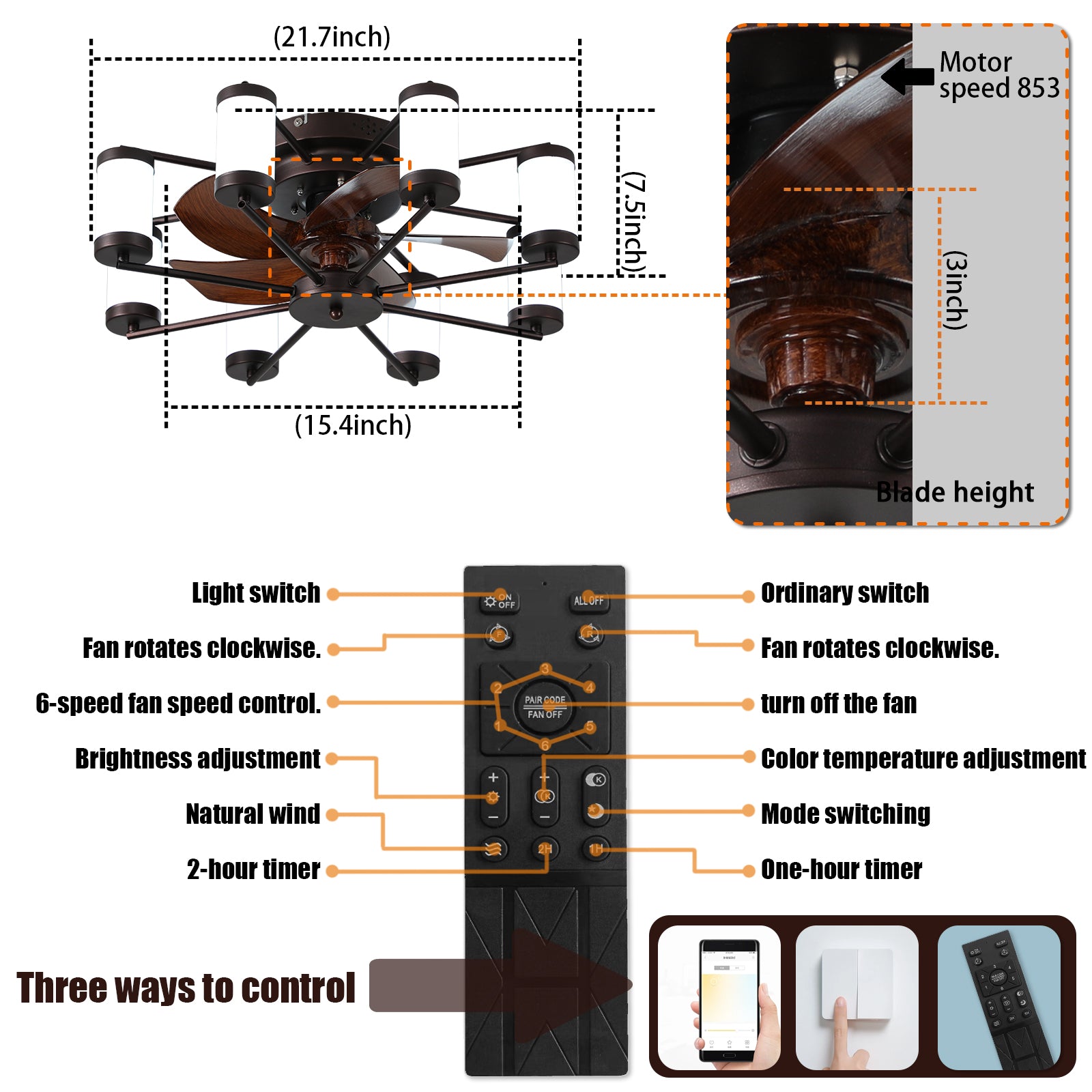 Modern 22" LED Ceiling Fans Light With 5-Blades Reversible Blades in Brown