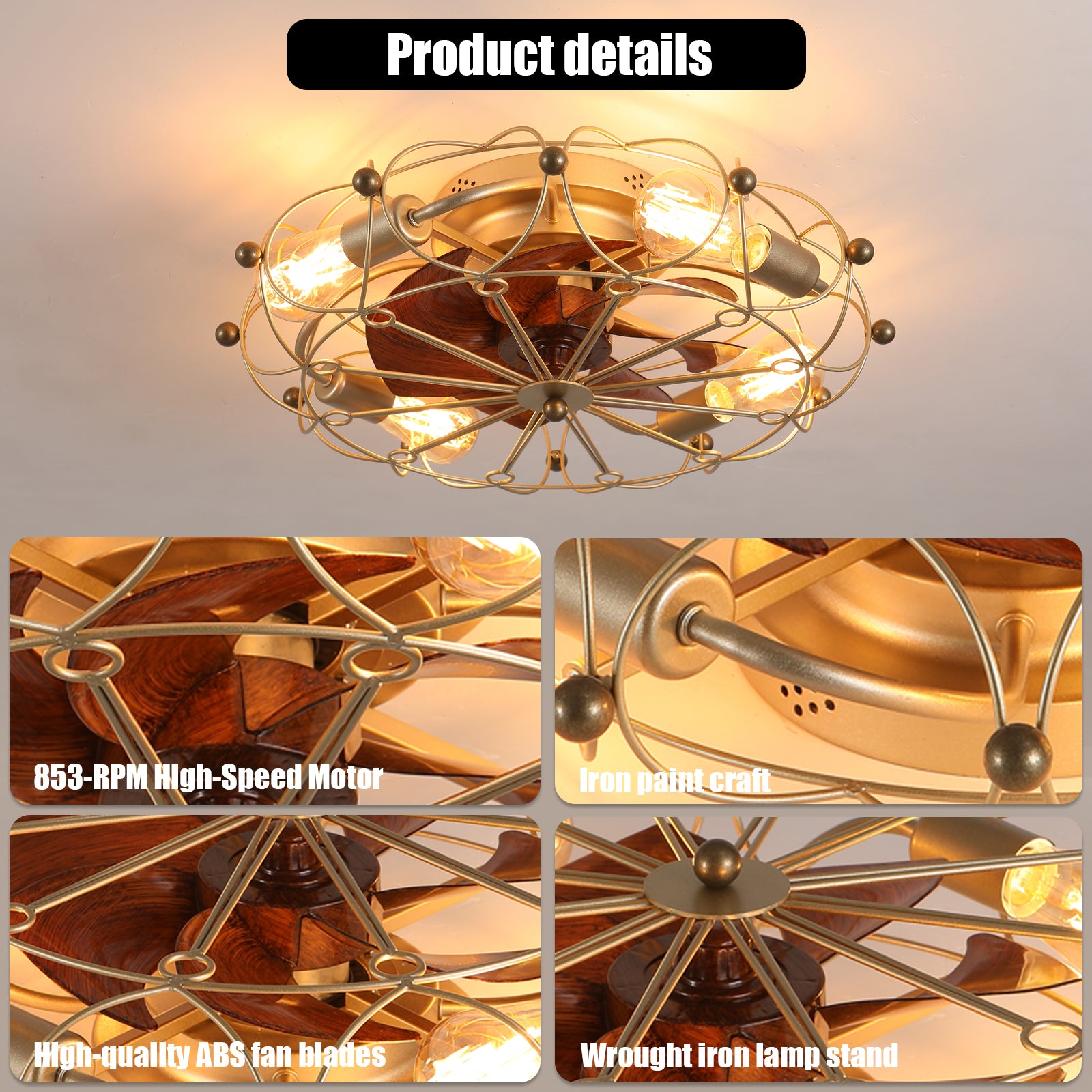 Modern 20" LED 7-Blades Ceiling Fans Light  Reversible Blades in Gold