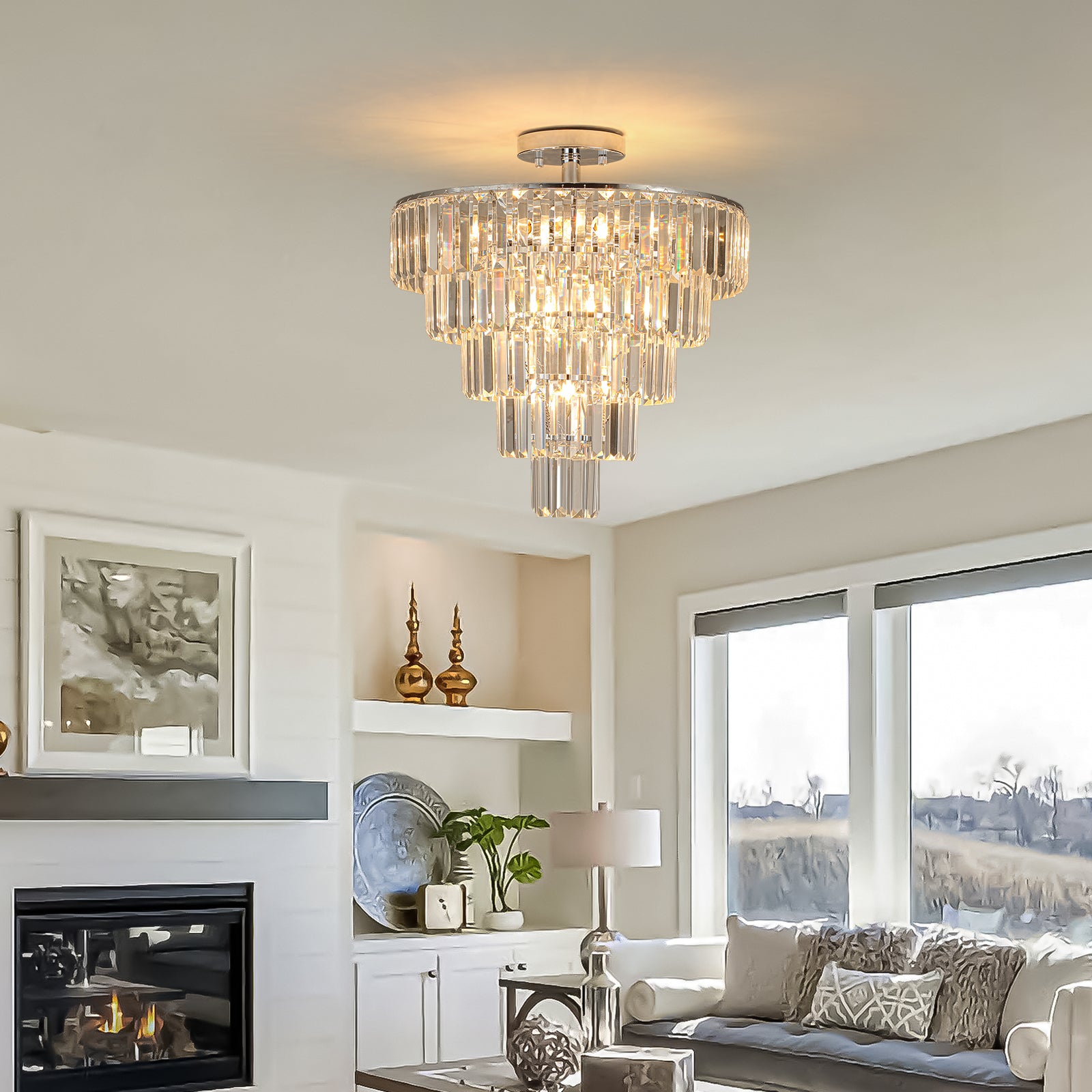 Modern Style 10-light Chandelier Large Crystal Chandelier In White Chrome