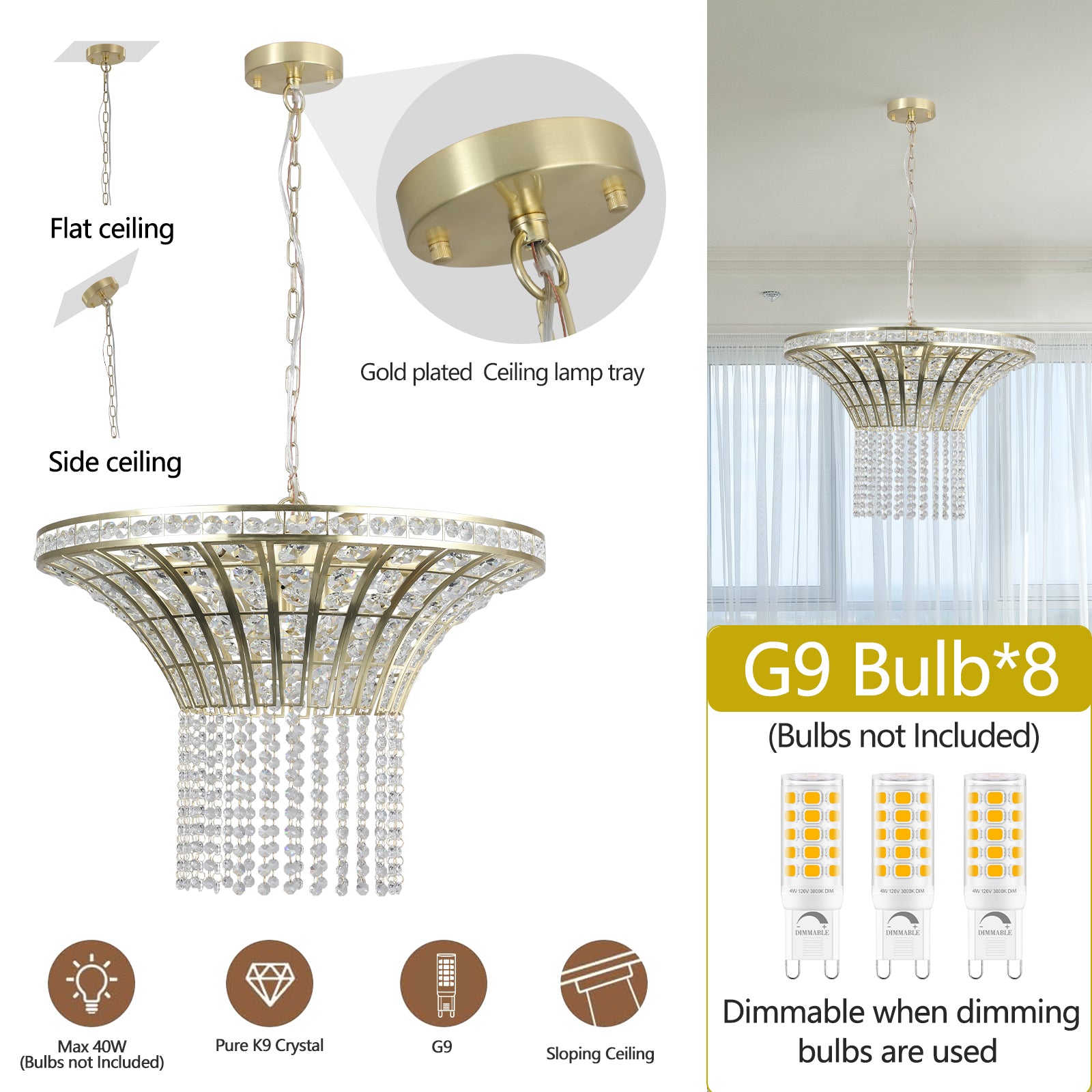 Modern 8-Light Design Crystal Chandelier with Elegant Placer Gold + Clear K9 Crystal