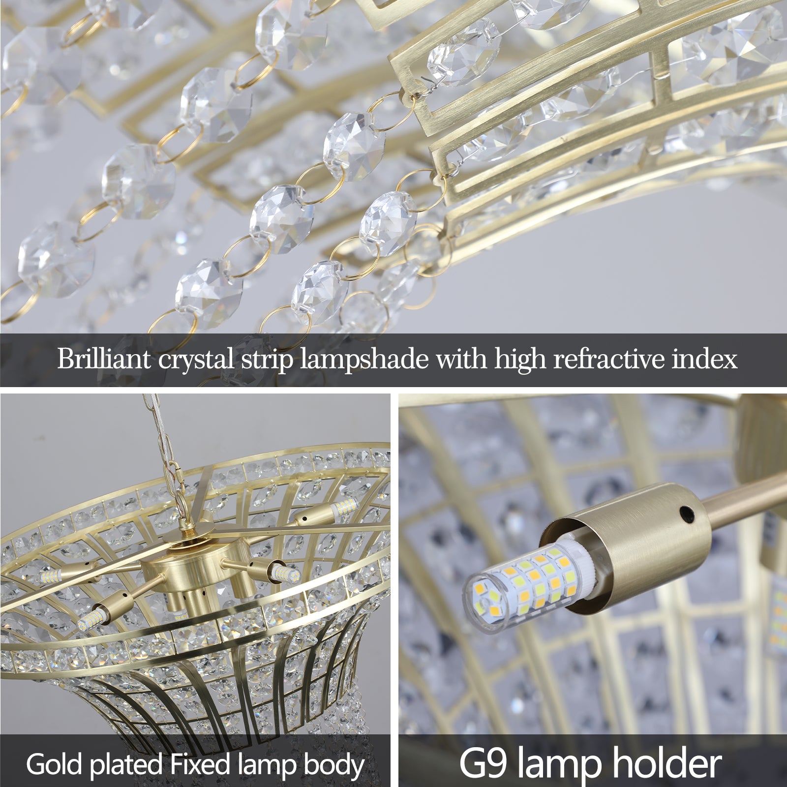 Modern 8-Light Design Crystal Chandelier with Elegant Placer Gold + Clear K9 Crystal