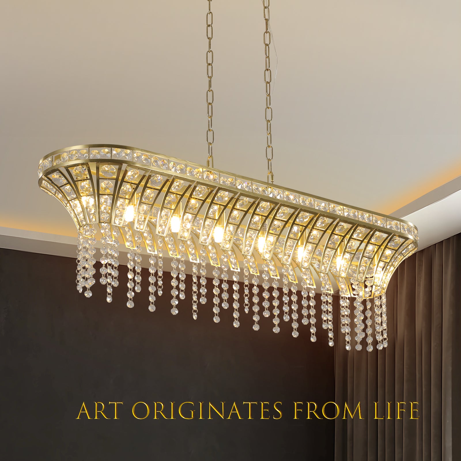 40'' Modern 8-Light Crystal Chandelier Gold Pendant Lights for Living Room in Placer Gold