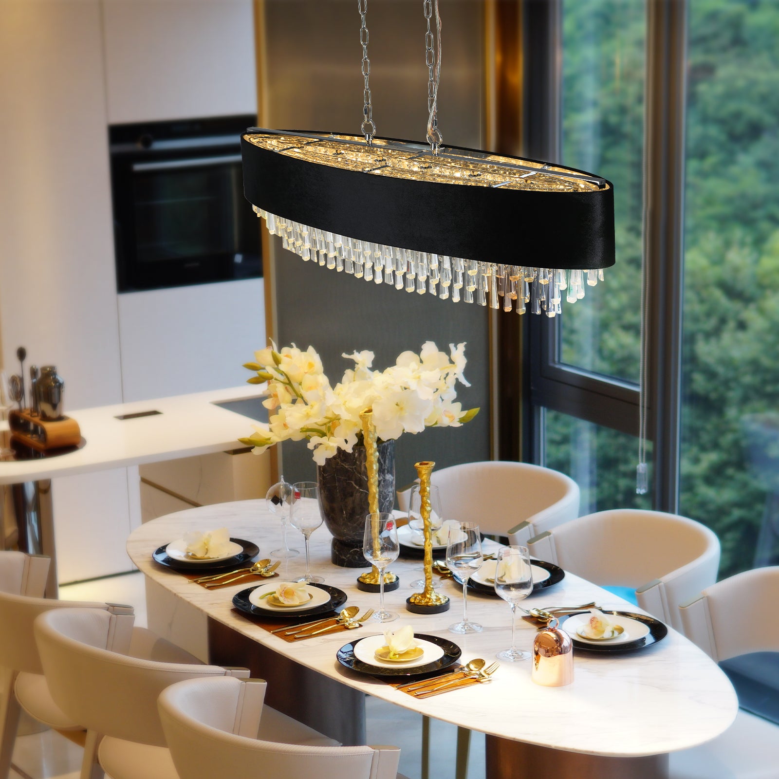 40'' Modern Crystal Chandelier for Living-Room Cristal Lamp Luxury in Chrome & Black