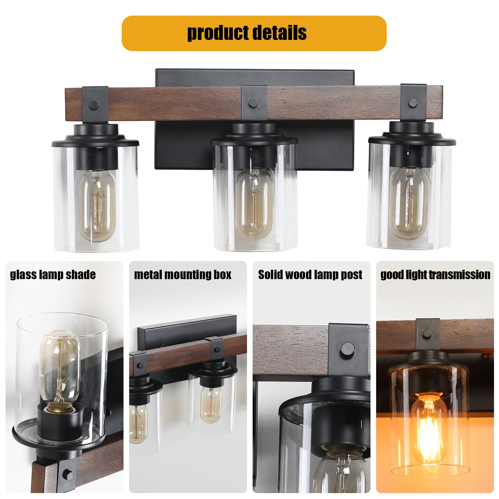 Farmhouse 3-Lights Vanity Lights Fixture Rustic Bathroom Light Blackwood