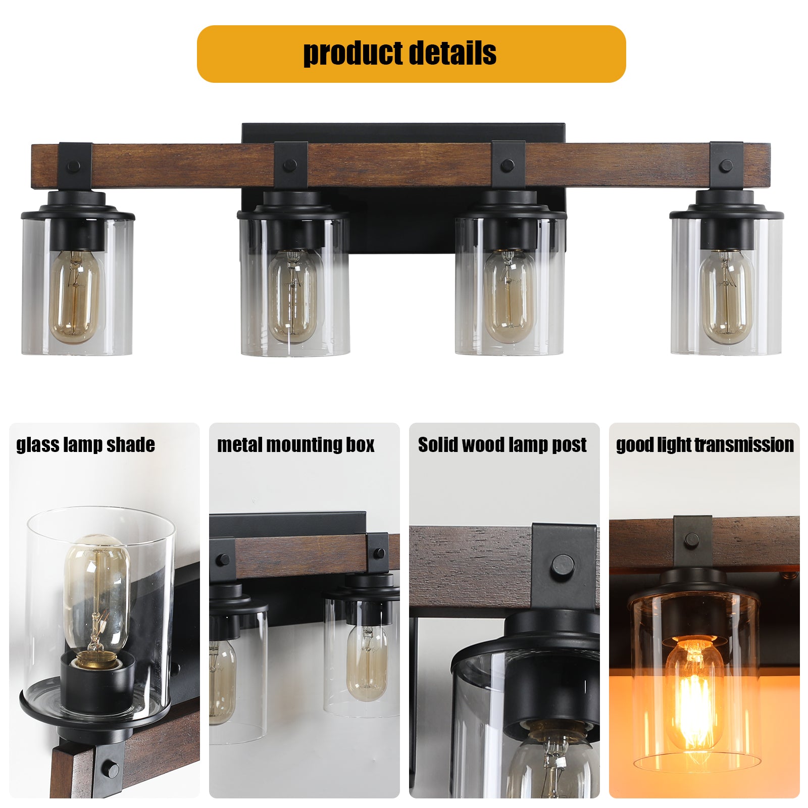 Farmhouse 4-Lights Vanity Lights Fixture Rustic Bathroom Light Blackwood