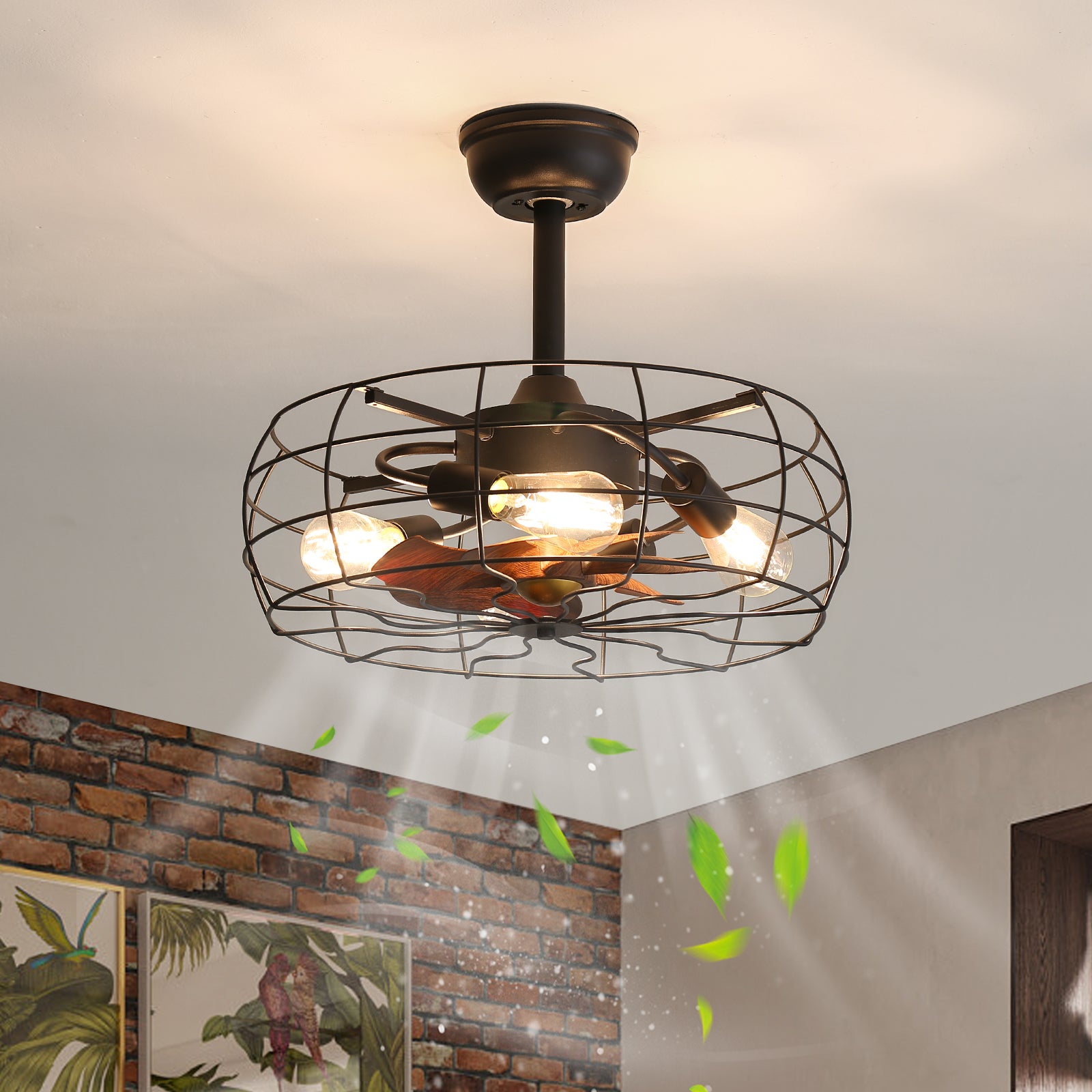 Modern 19'' Cage Retro Ceiling Fan with Lights - Vintage Industrial Design