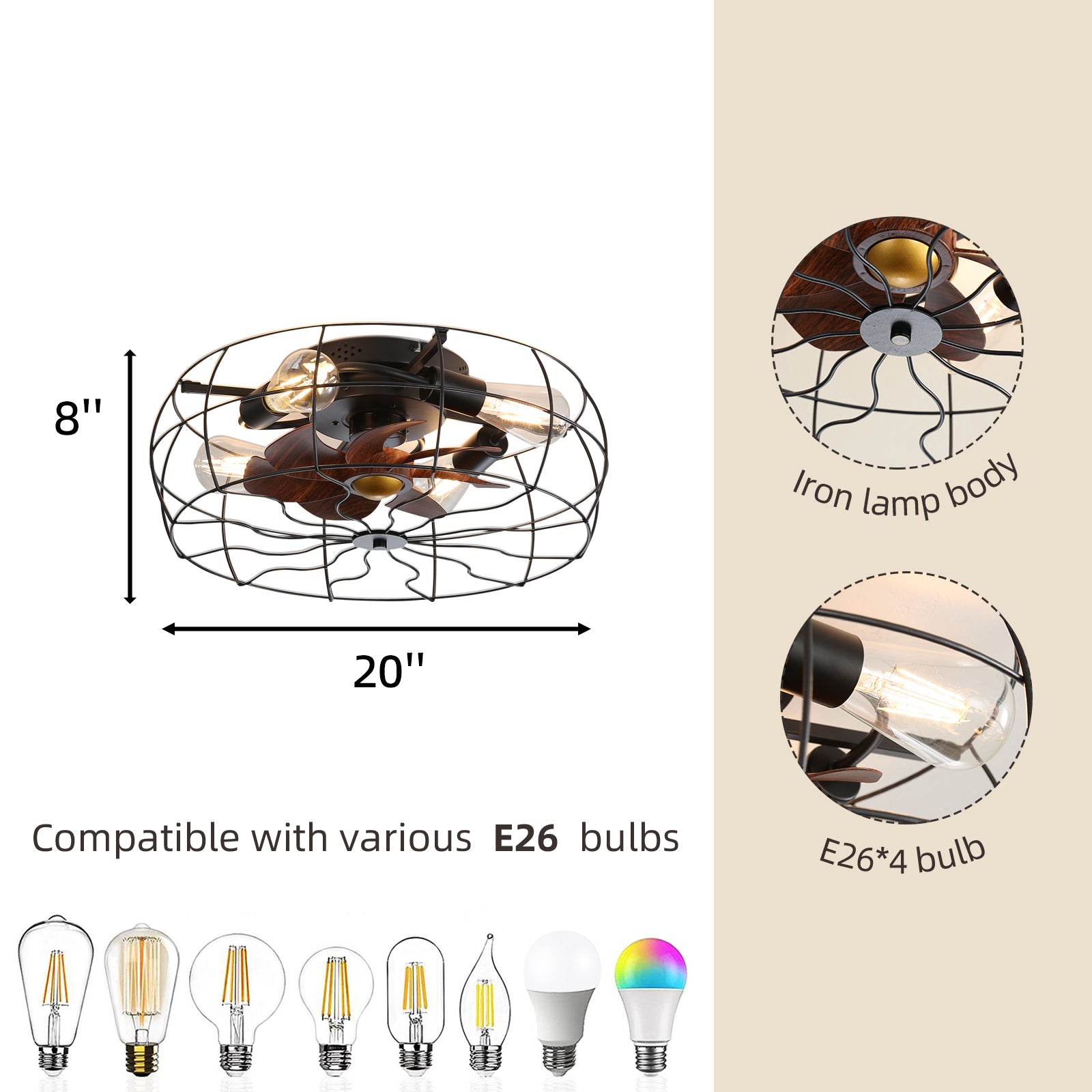 Low Profile 19'' Rustic Ceiling Fan with Integrated Light - Minimalistic Elegance