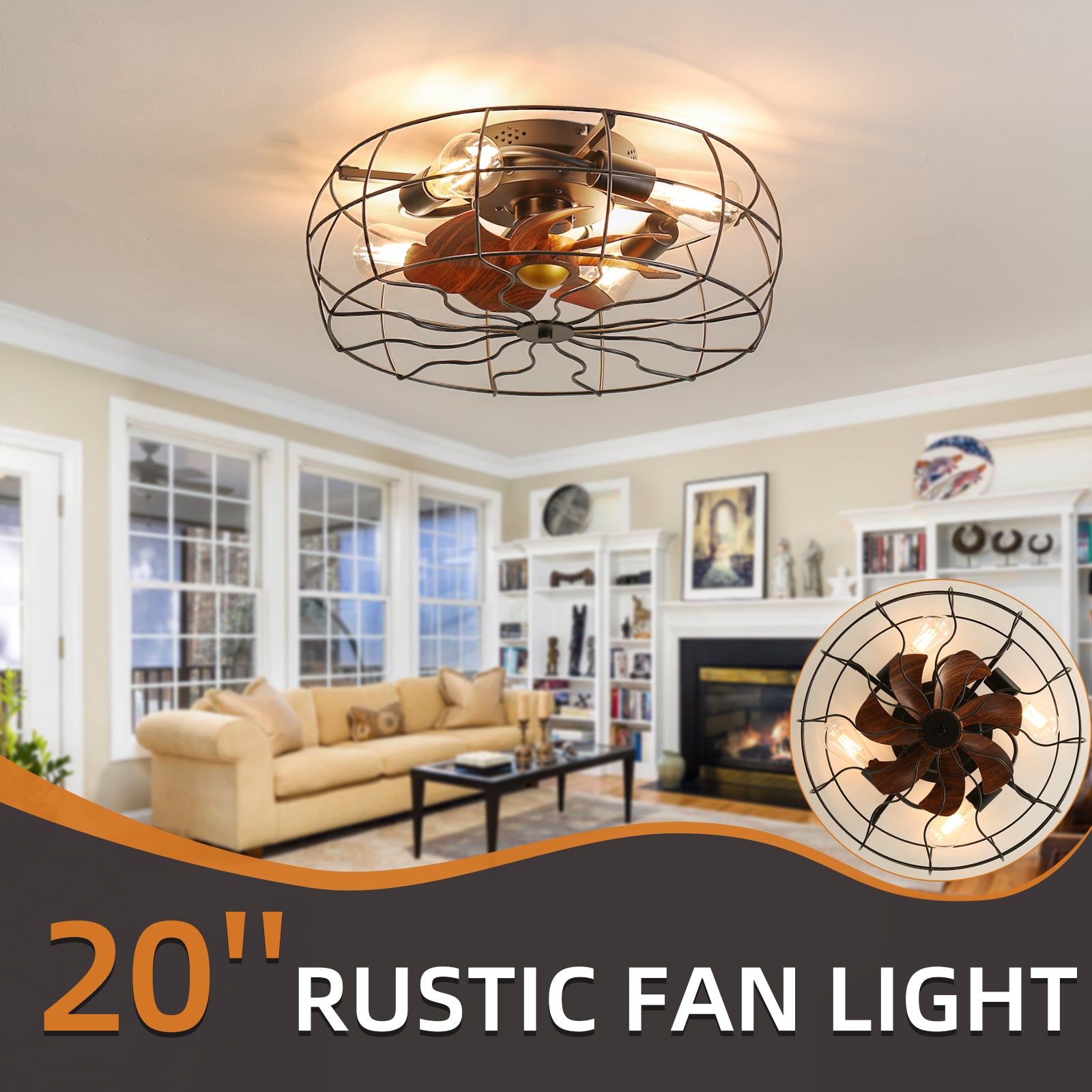 Low Profile 19'' Rustic Ceiling Fan with Integrated Light - Minimalistic Elegance