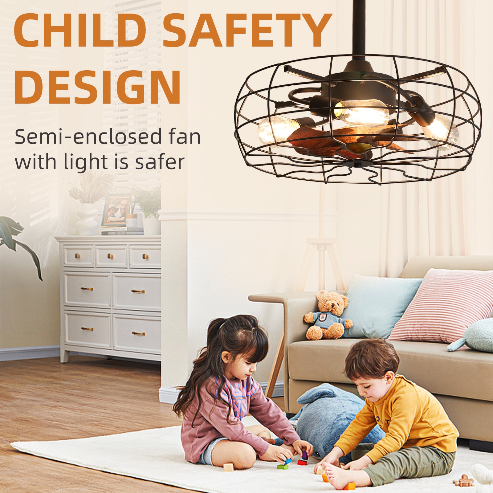 Modern 19'' Cage Retro Ceiling Fan with Lights - Vintage Industrial Design