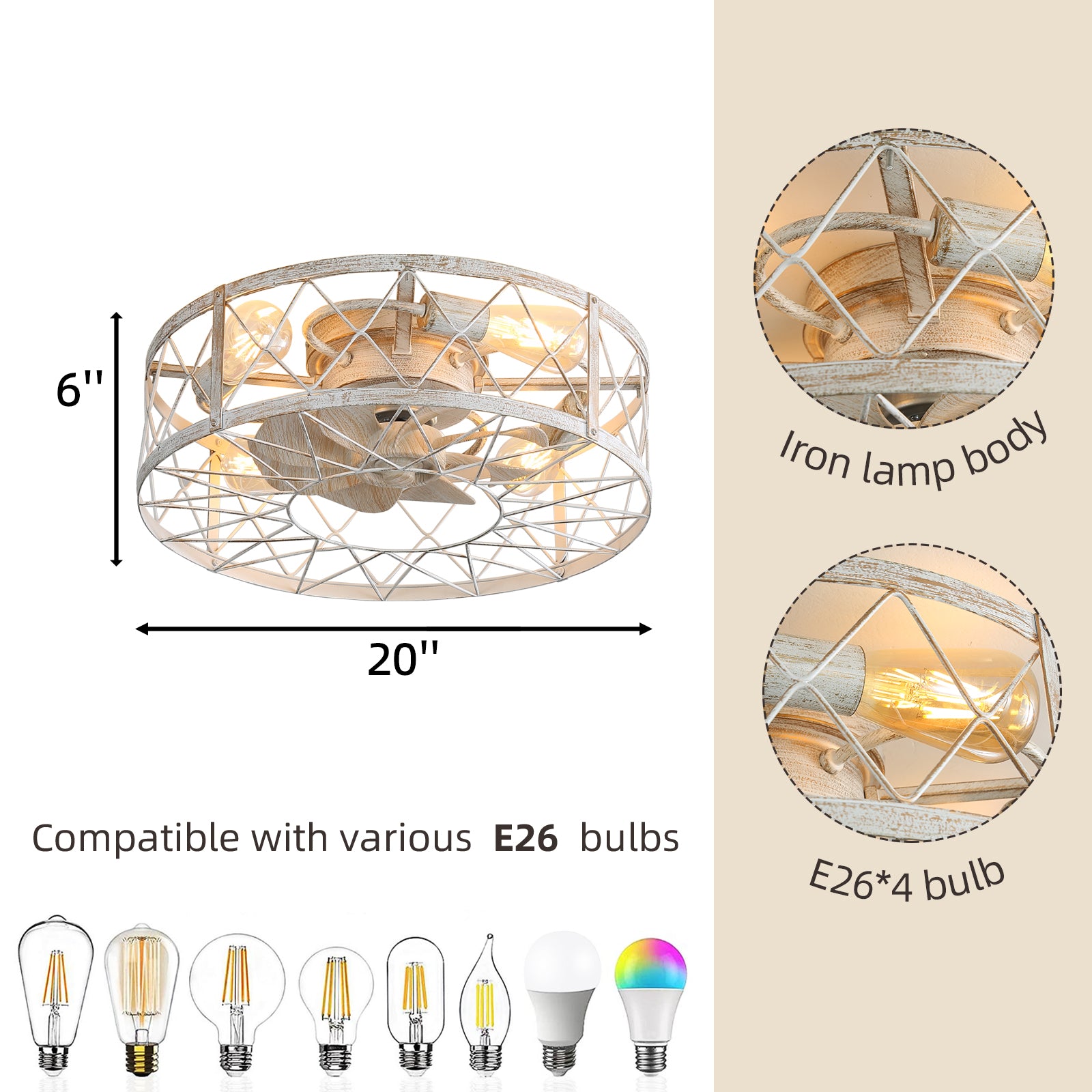 Modern 20'' Vintage Wood Cage Lighted Ceiling Fan,Adjustable Wind Speed