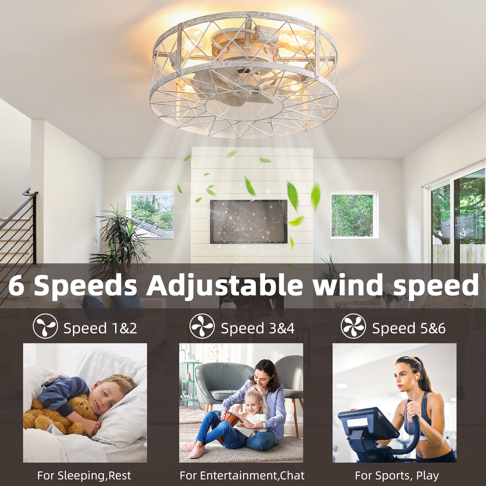 Modern 20'' Vintage Wood Cage Lighted Ceiling Fan,Adjustable Wind Speed