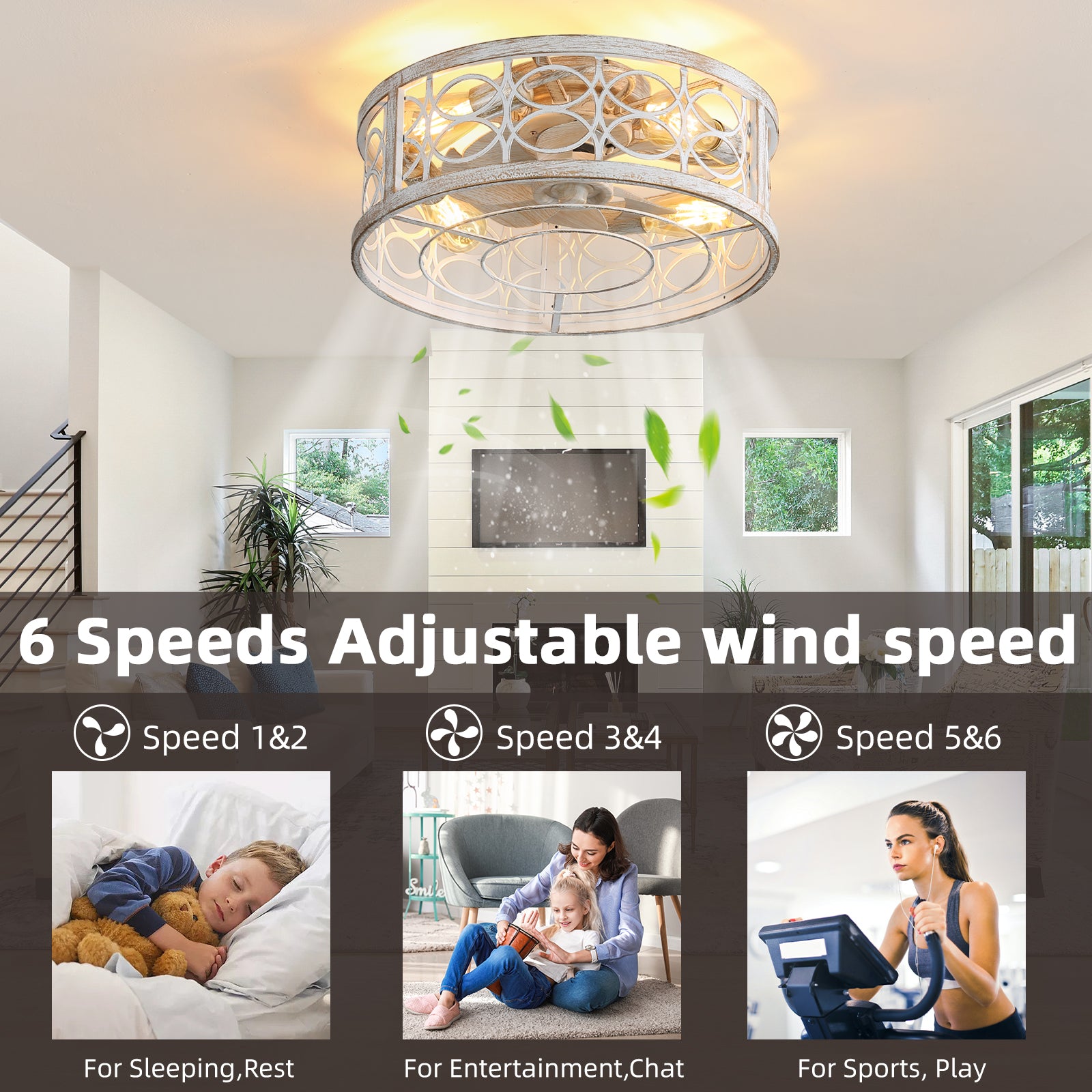 Modern 19'' Industrial Caged Ceiling Fan,Adjustable Wind Speed