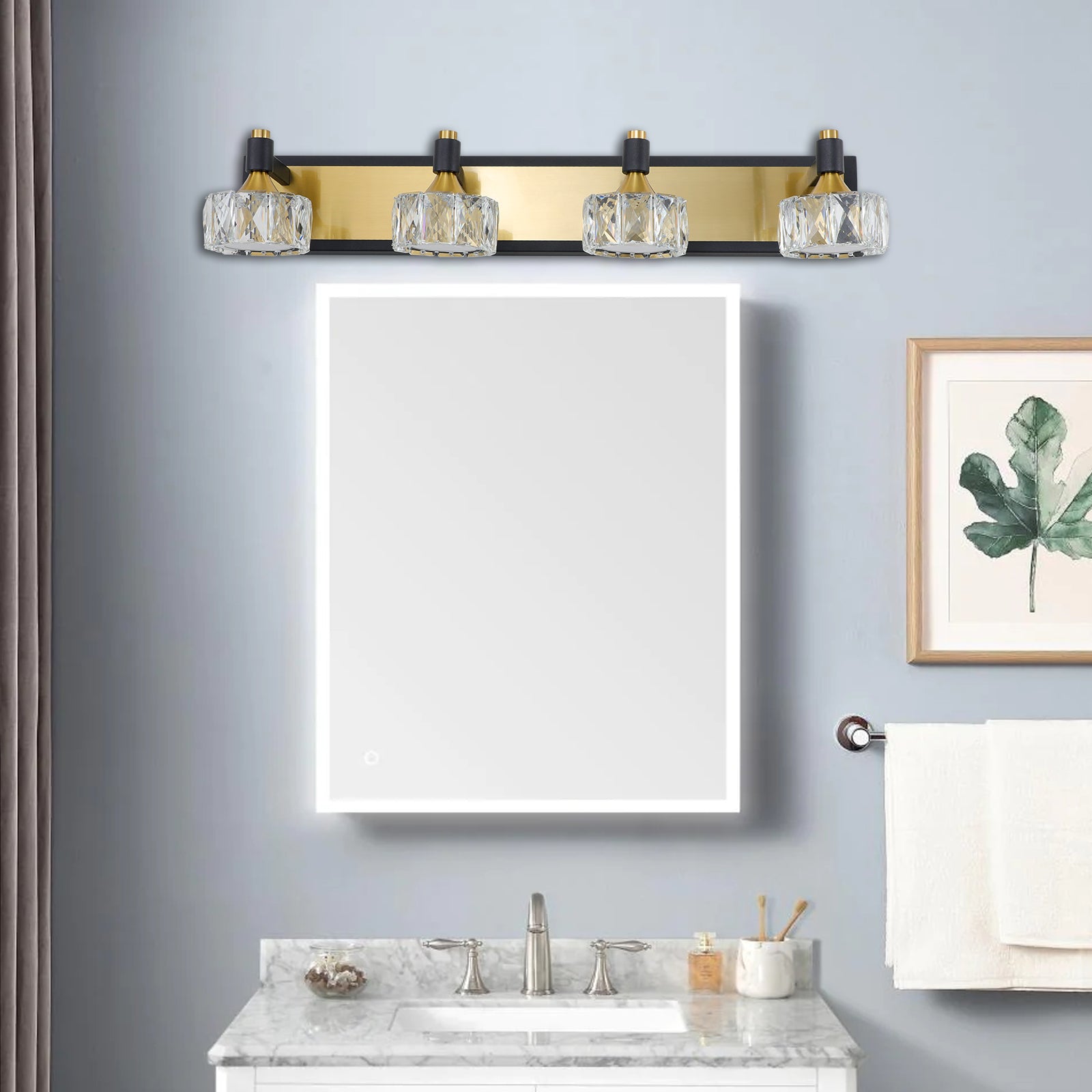 Modern Crystal LED 4-Light Bathroom Vanity Light Antique Brass