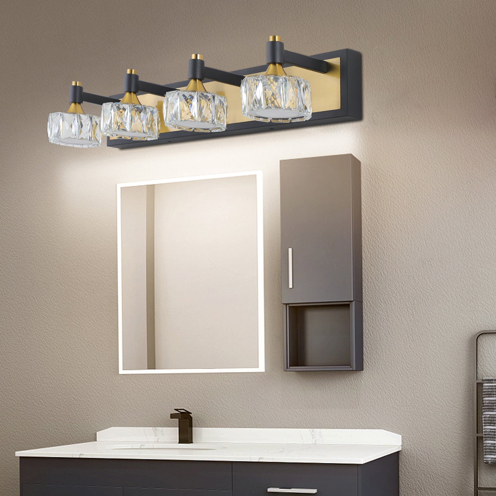 Modern Crystal LED 4-Light Bathroom Vanity Light Antique Brass