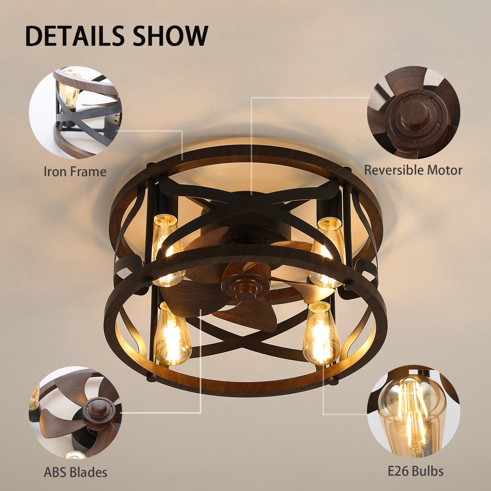 Modern 18'' Caged Ceiling Fan with Lights and Remote Control - Smart Home