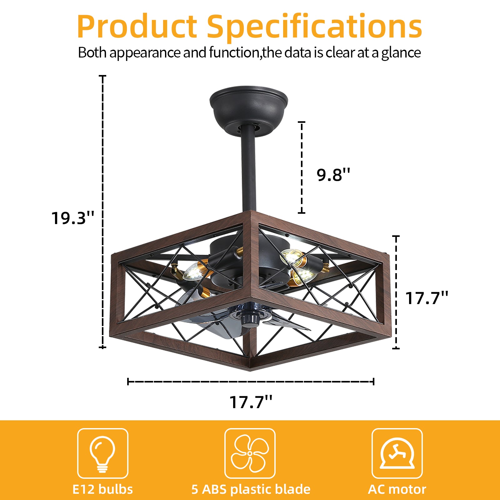 Modern 18'' cage-type square ceiling fan with light remote control APP