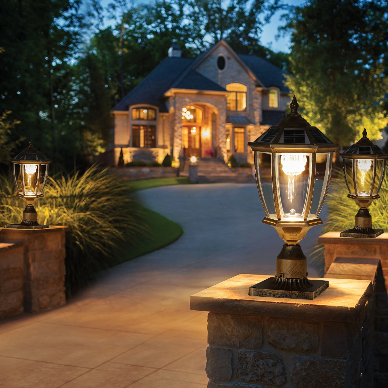 Retro Gold Solar Column Headlights with Dimmable LED - Set of 2