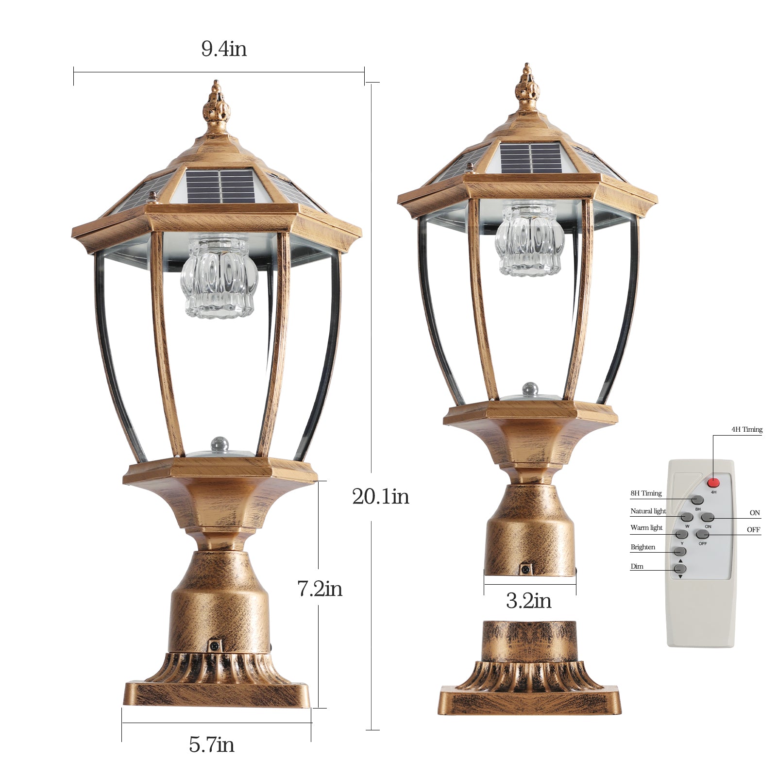 Retro Gold Solar Column Headlights with Dimmable LED - Set of 2