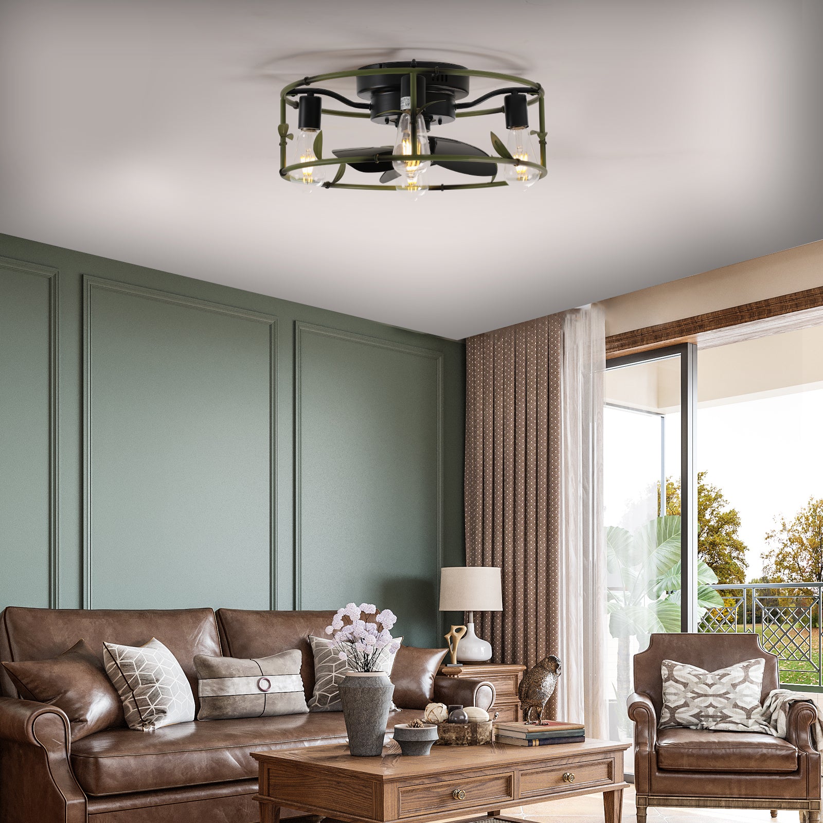 Flush Mount with Lights and Remote Control green Caged Low Profile Ceiling Fan Modern Metal