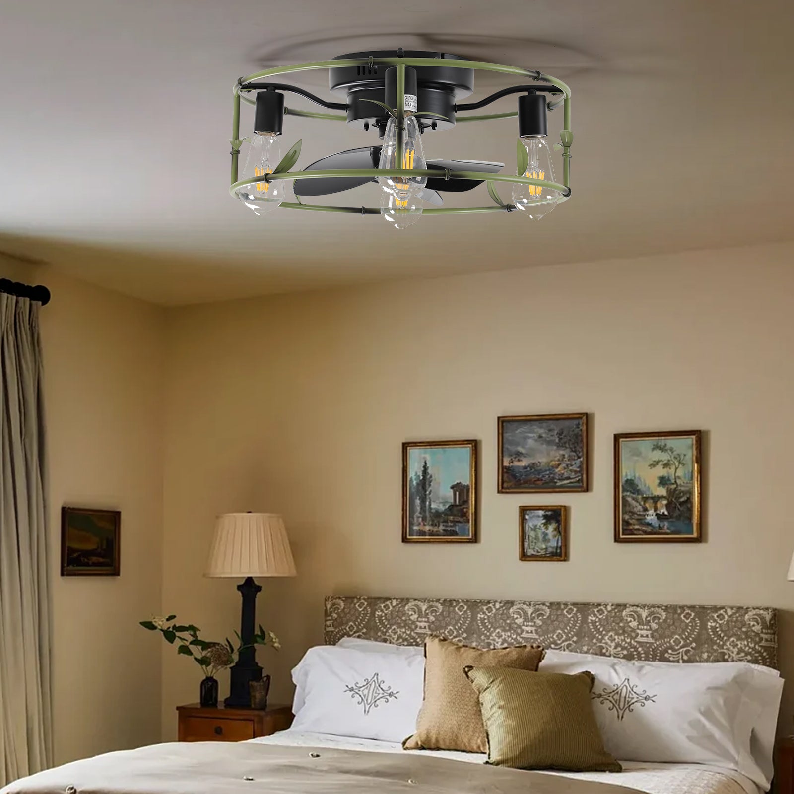 Flush Mount with Lights and Remote Control green Caged Low Profile Ceiling Fan Modern Metal