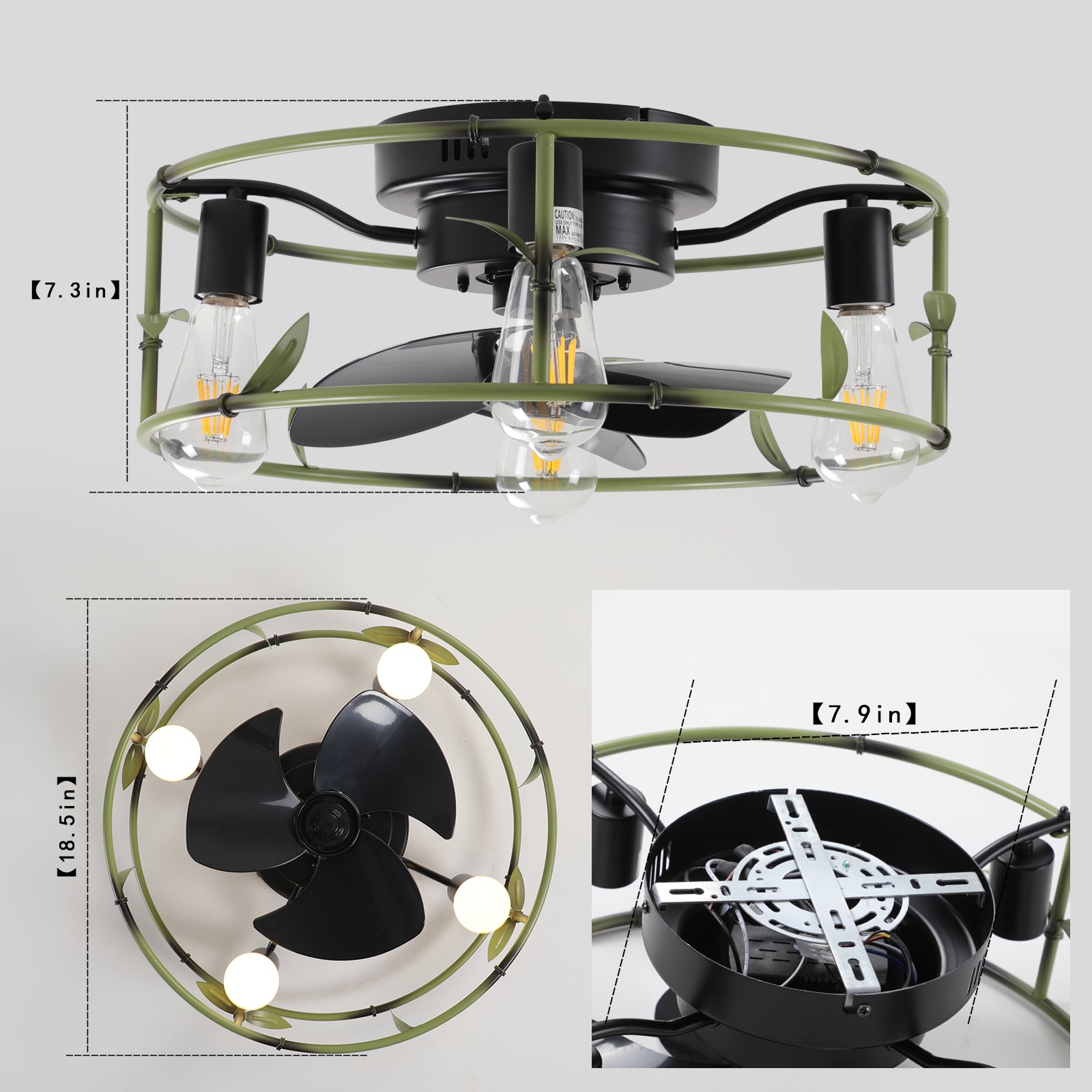 Flush Mount with Lights and Remote Control green Caged Low Profile Ceiling Fan Modern Metal