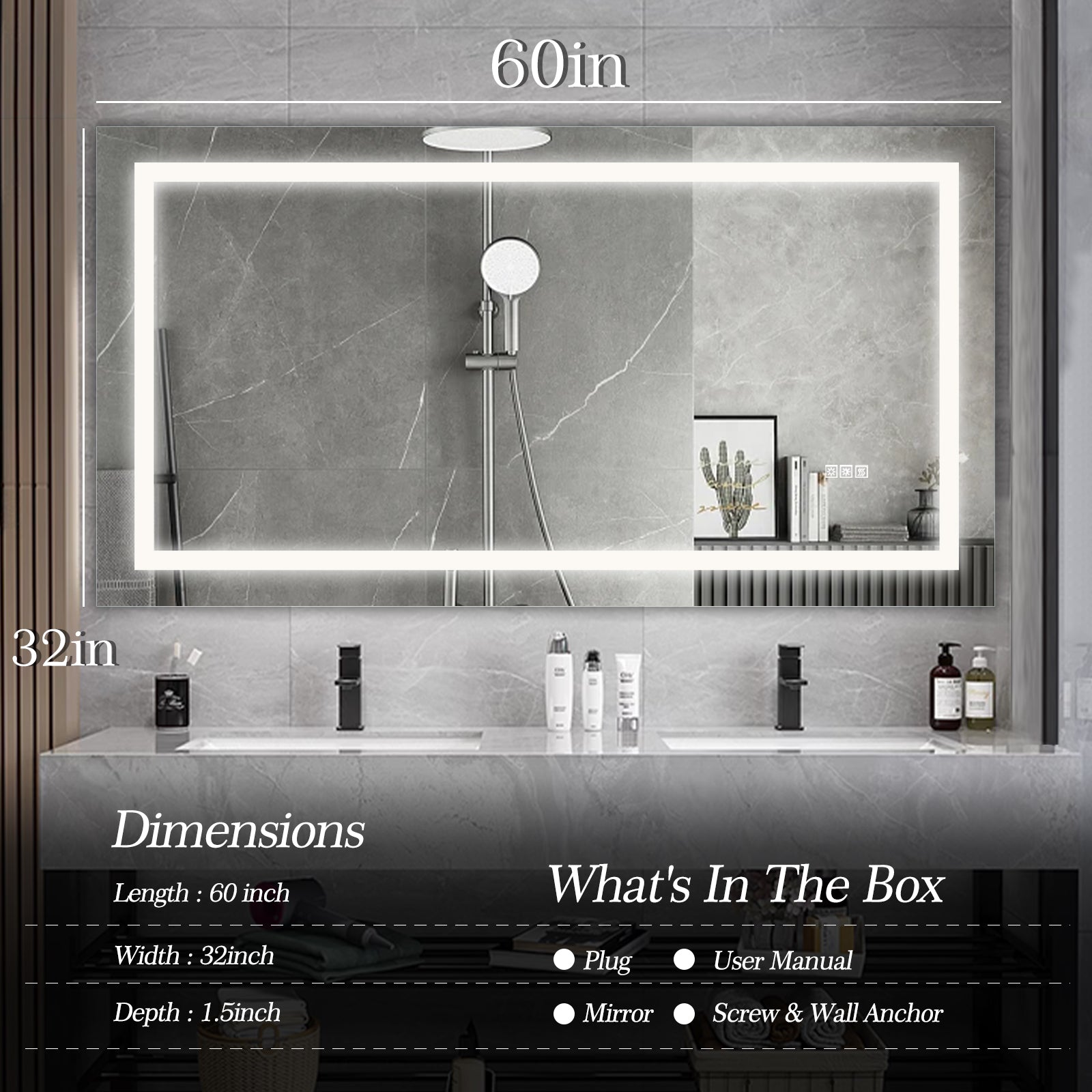 60''x32'' LED Mirror Rectangle LED Wall-Mounted Dressing In Clear