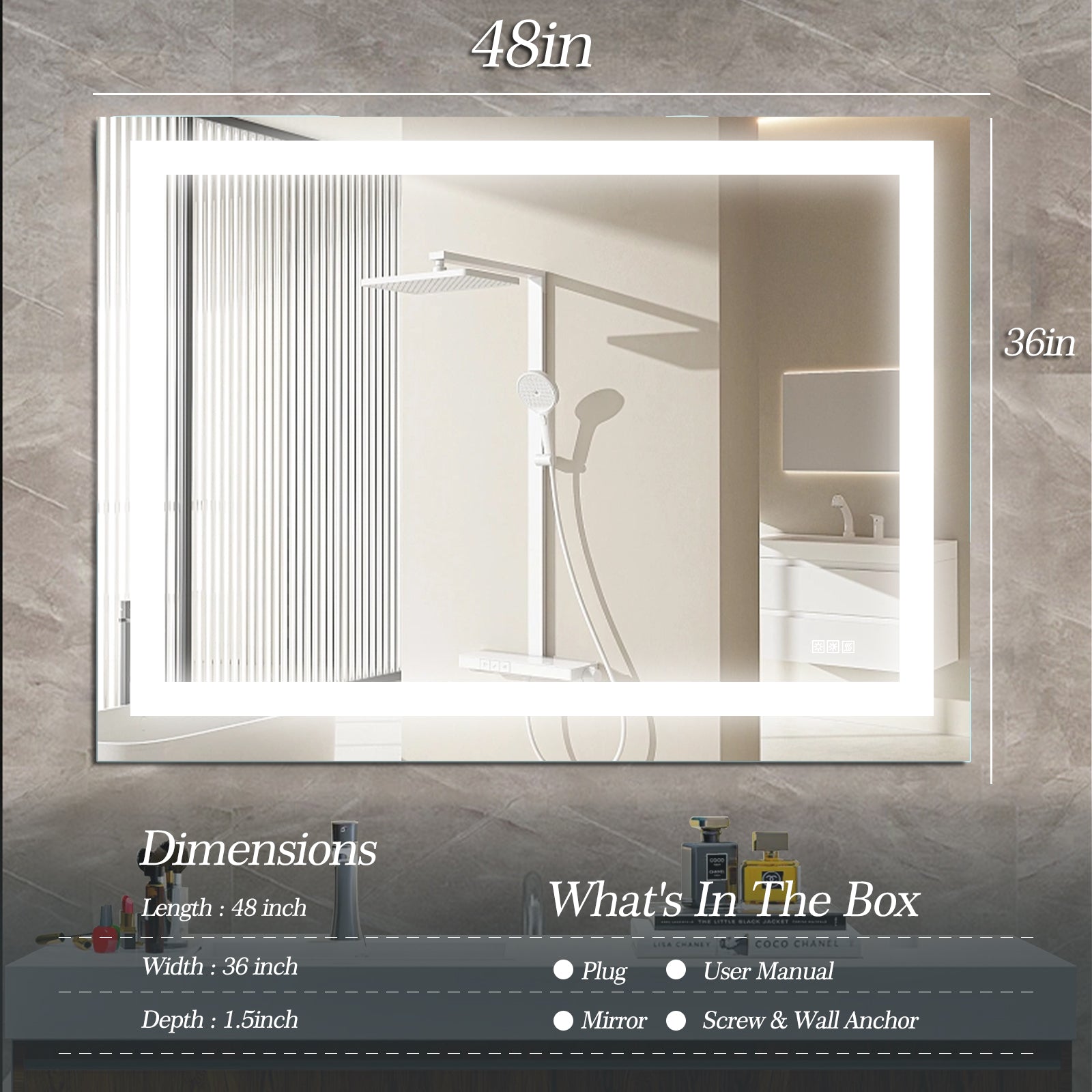 48''x 36'' LED Mirror Rectangle LED Wall-Mounted Dressing In Clear