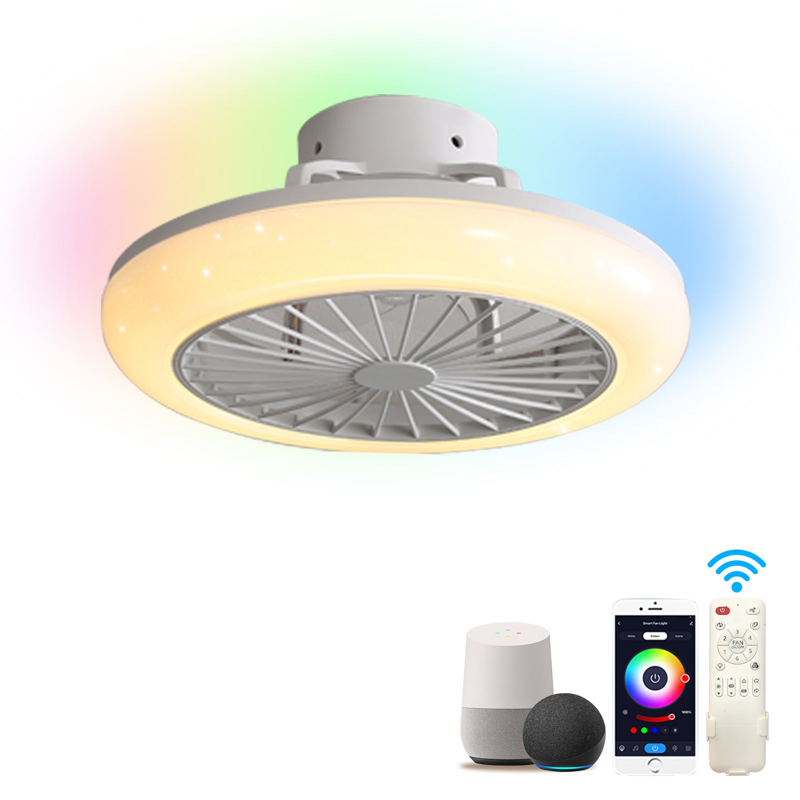 Smart 18'' LED Bladeless Ceiling Fan with Remote, Modern RGB Flush Mount for Bedroom