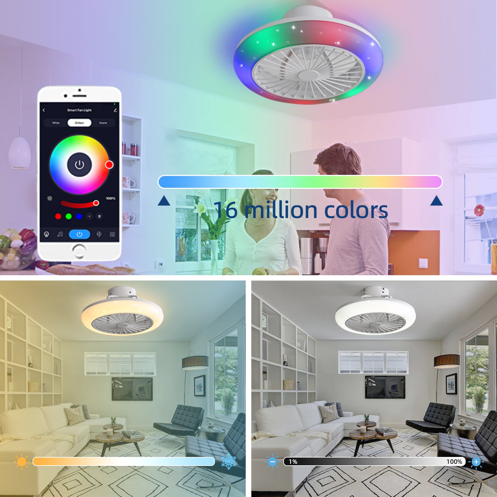 Smart 18'' LED Bladeless Ceiling Fan with Remote, Modern RGB Flush Mount for Bedroom