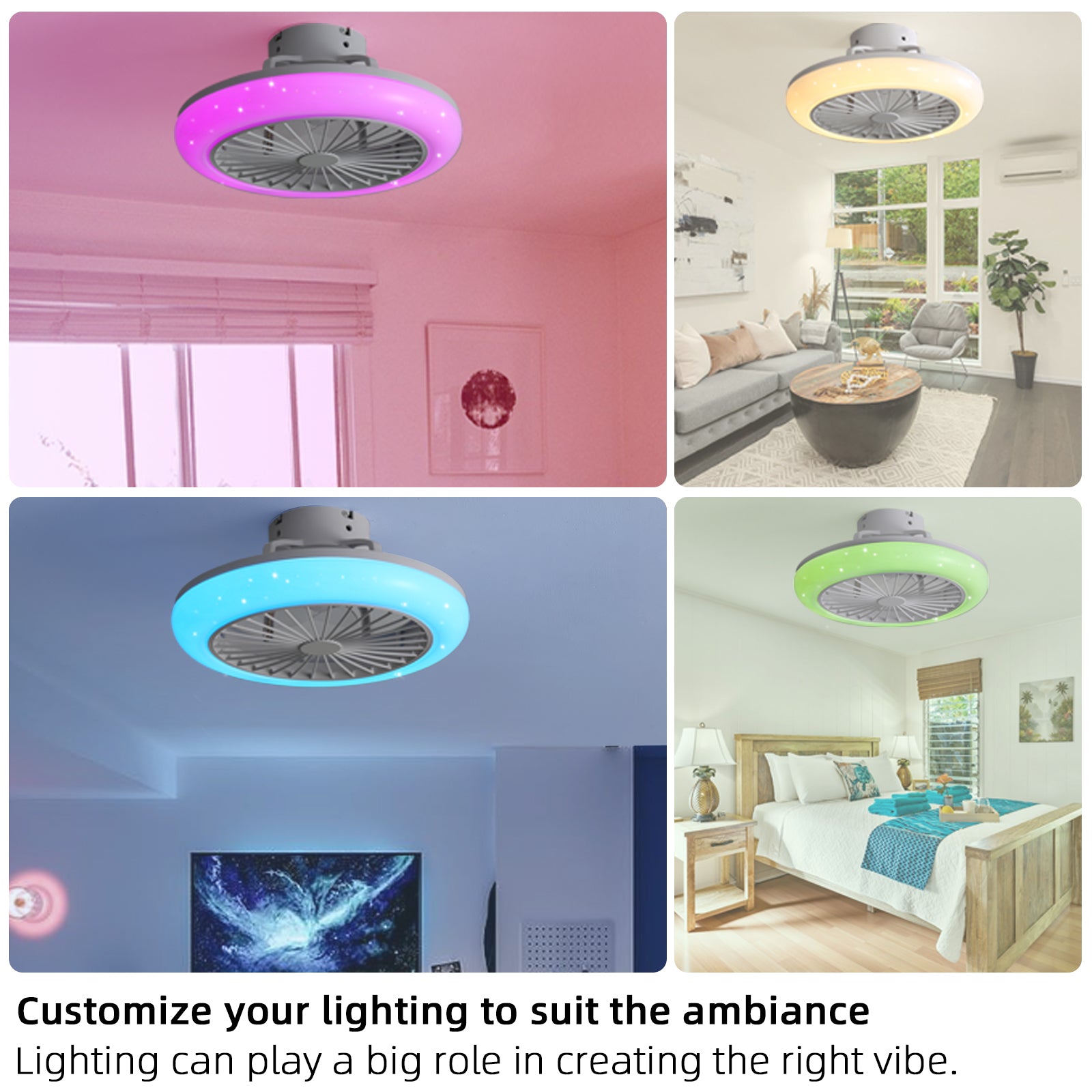 Smart 18'' LED Bladeless Ceiling Fan with Remote, Modern RGB Flush Mount for Bedroom