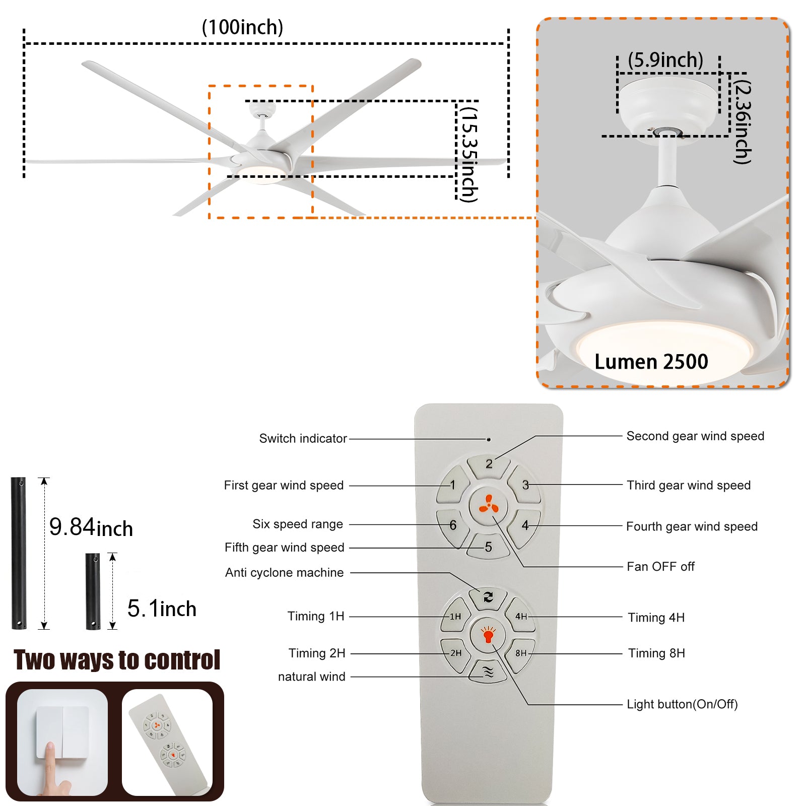 100" LED Ceiling Fans Light With 6-Blades Reversible Blades with Remote Control in White