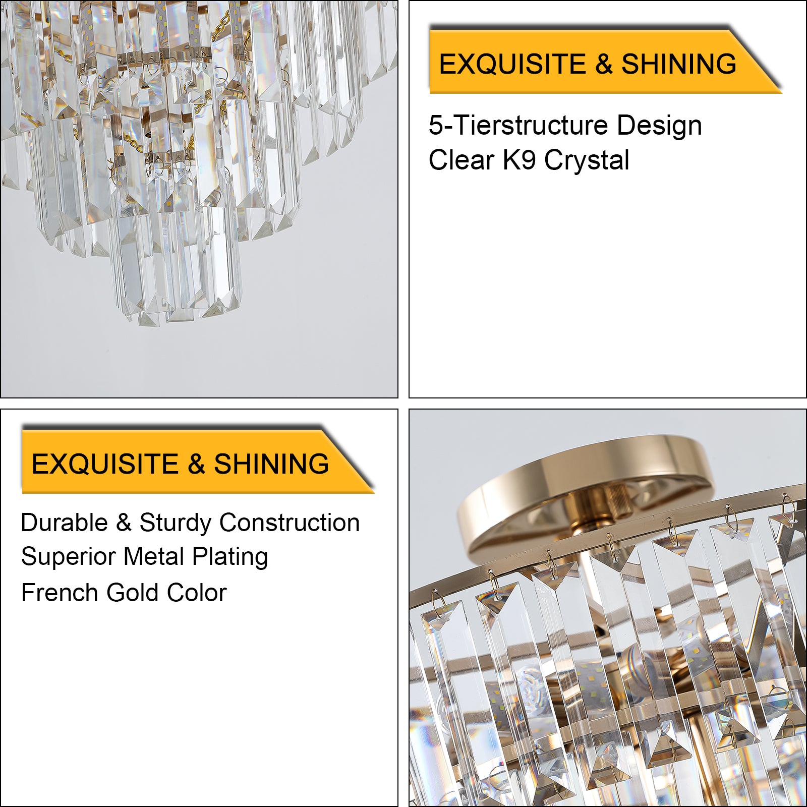 Modern 5-Tier Round Semi Flush Mount Chandelier Light Fixture Gold Crystal